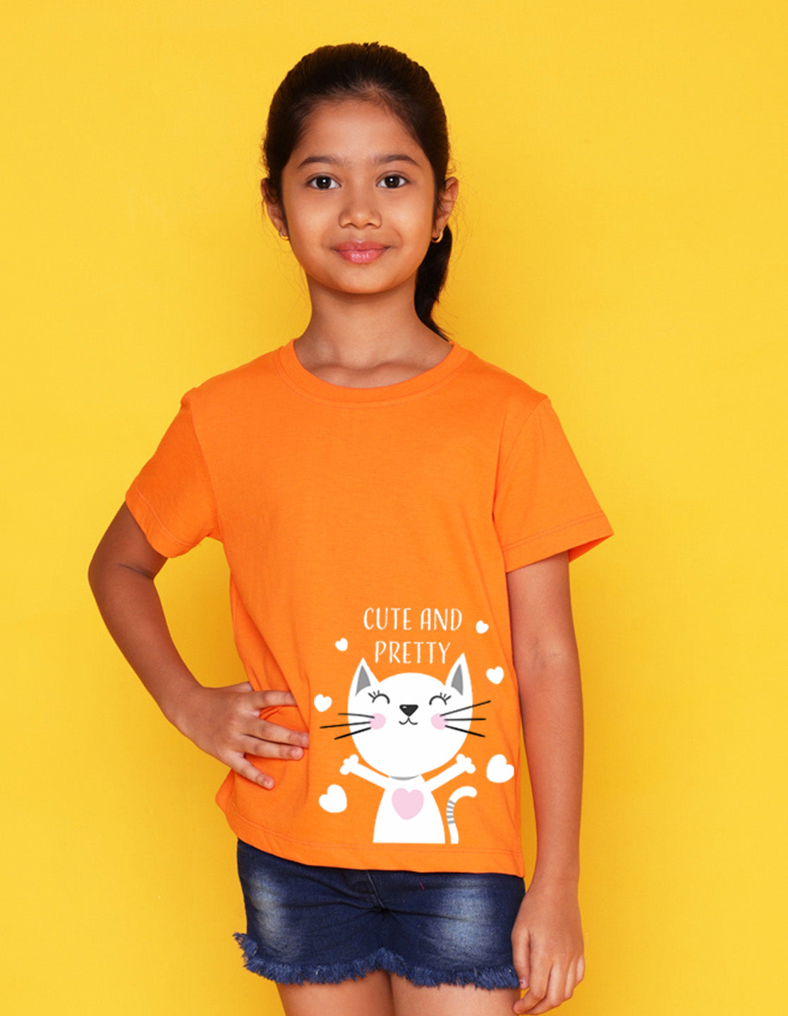 Nusyl Girls Orange Cute And Pretty Printed Cotton Half Sleeve Regular Fit T-Shirts for Girls