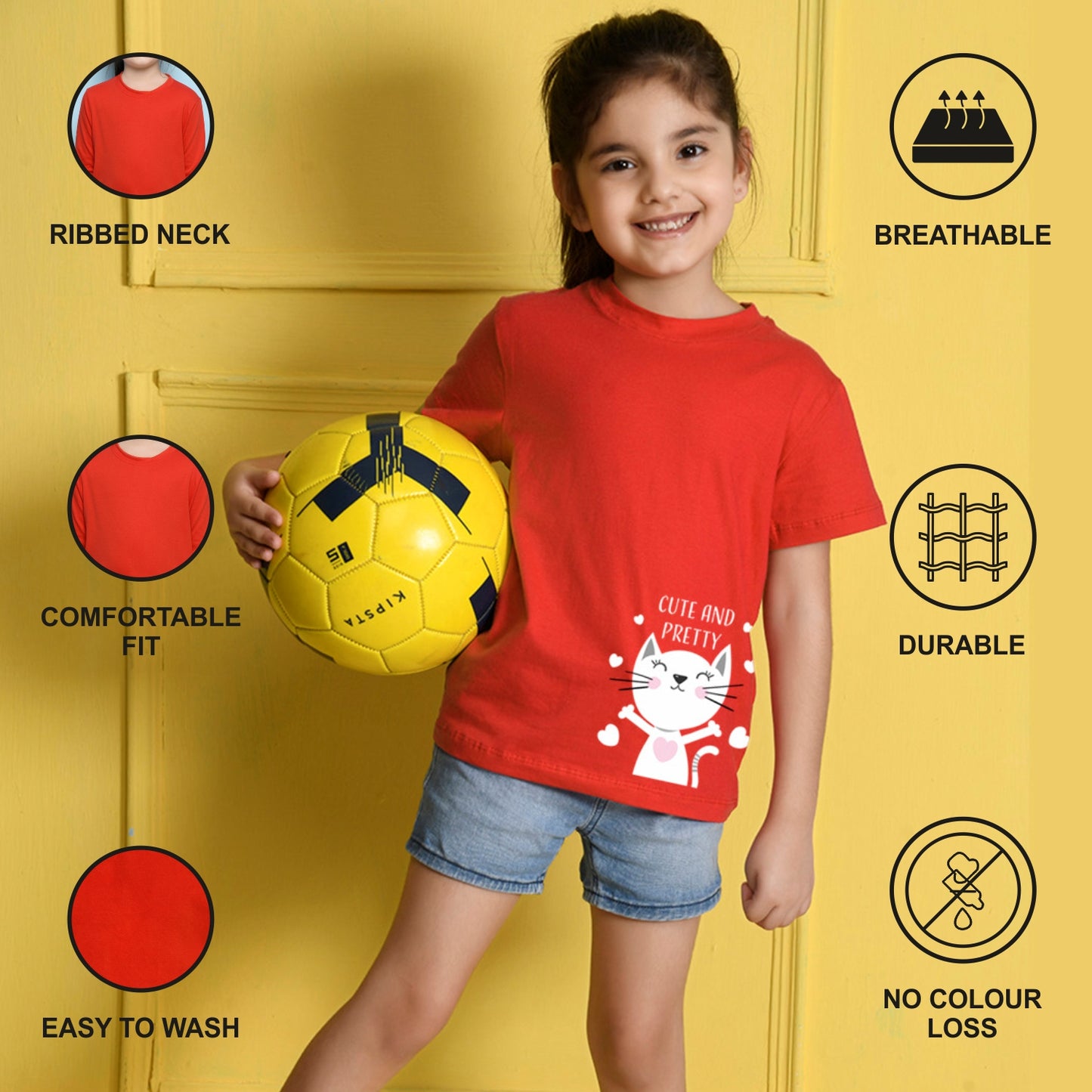 NUSYL Girls Red Cute and Pretty Printed Half sleeve t-Shirt
