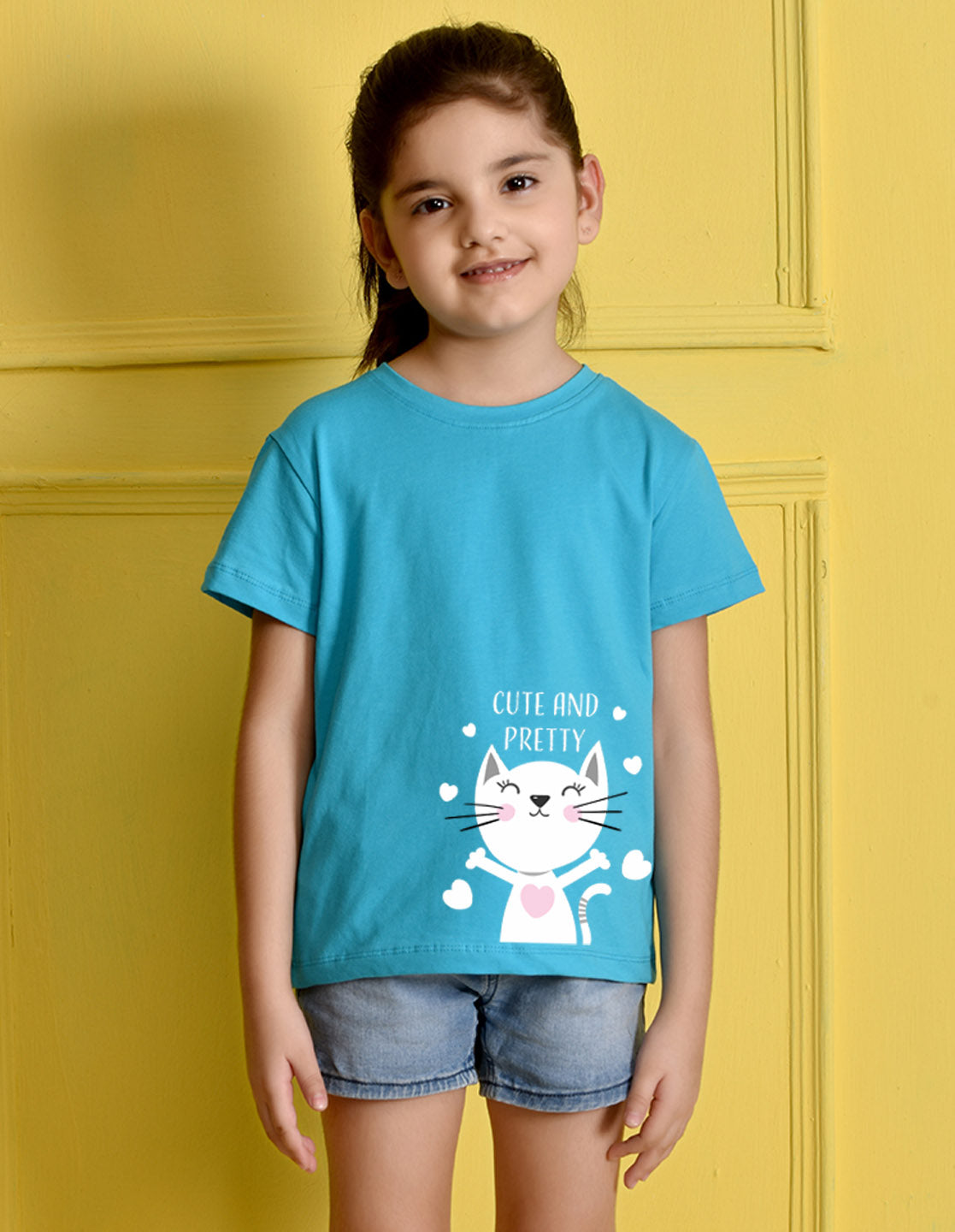 Nusyl Girls Sky Blue Cute And Pretty Printed Cotton Half Sleeve Regular Fit T-Shirts for Girls