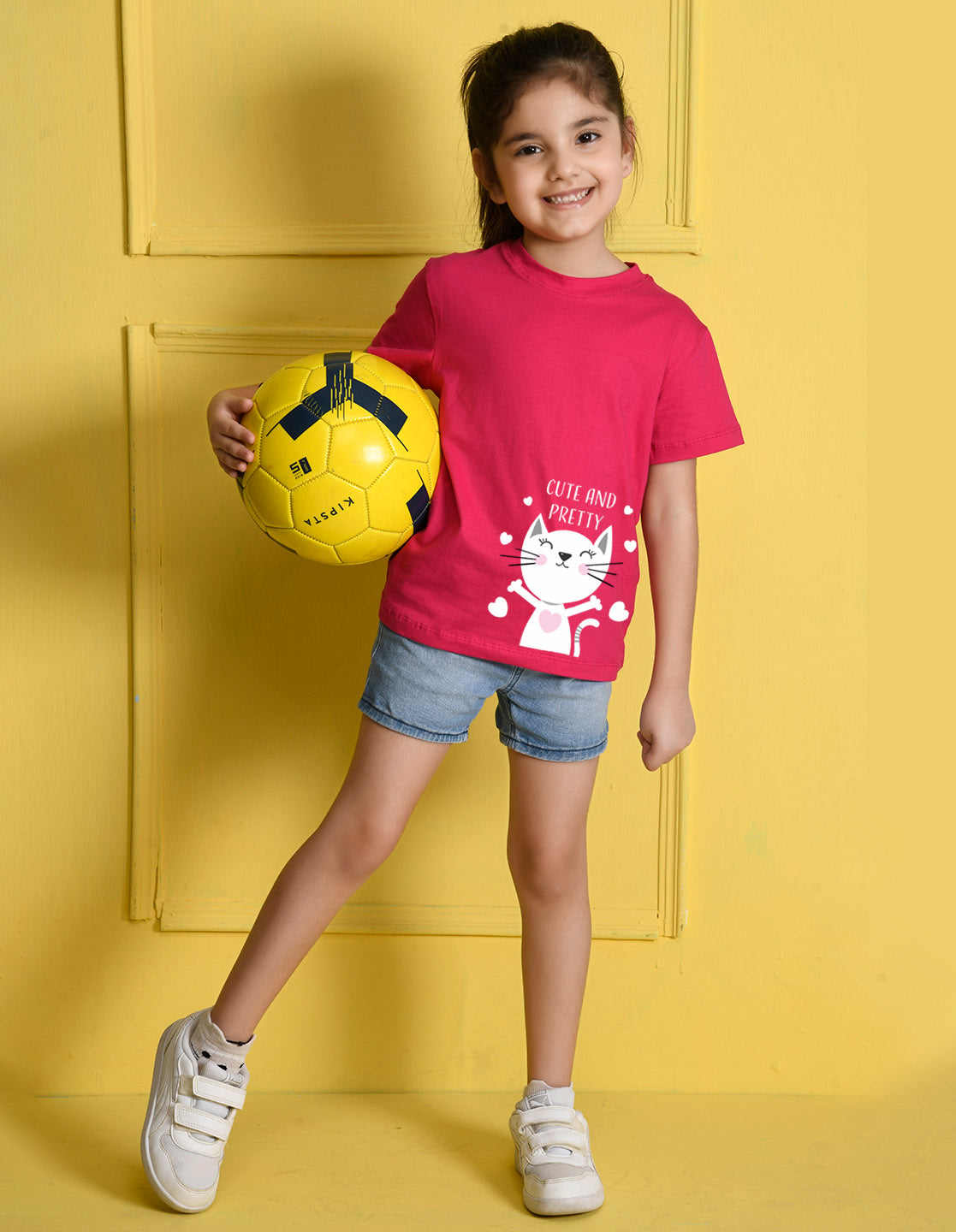 Nusyl Girls Hot Pink Cute And Pretty Printed Cotton Half Sleeve Regular Fit T-Shirts for Girls
