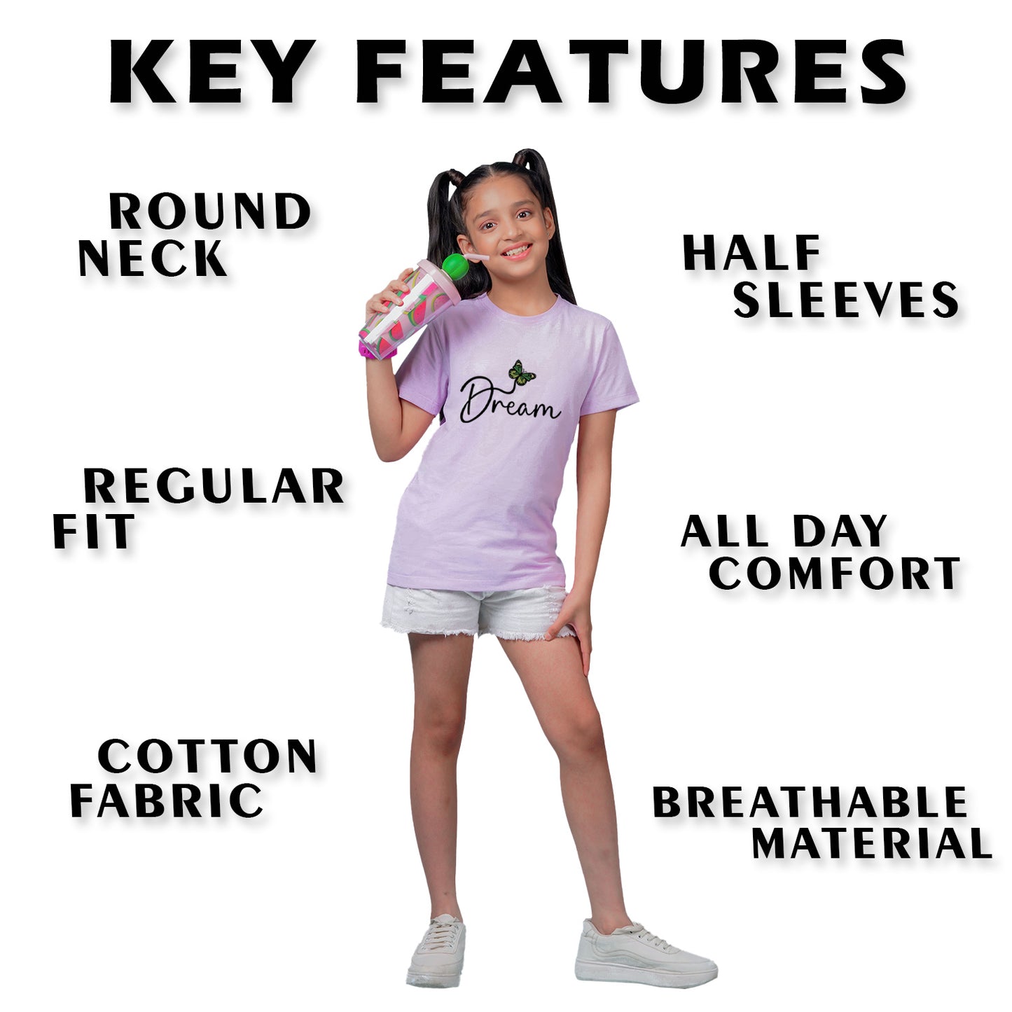 Nusyl Girl's Lilac Butterfly & Dream Text Printed Regular Fit T-Shirt