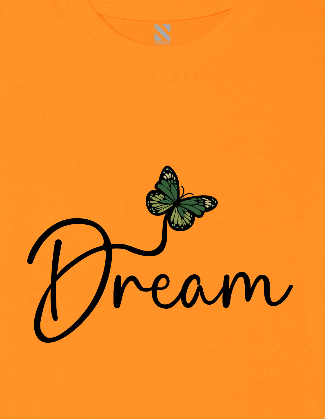 Nusyl Girl's Orange Butterfly & Dream Text Printed Regular Fit T-Shirt