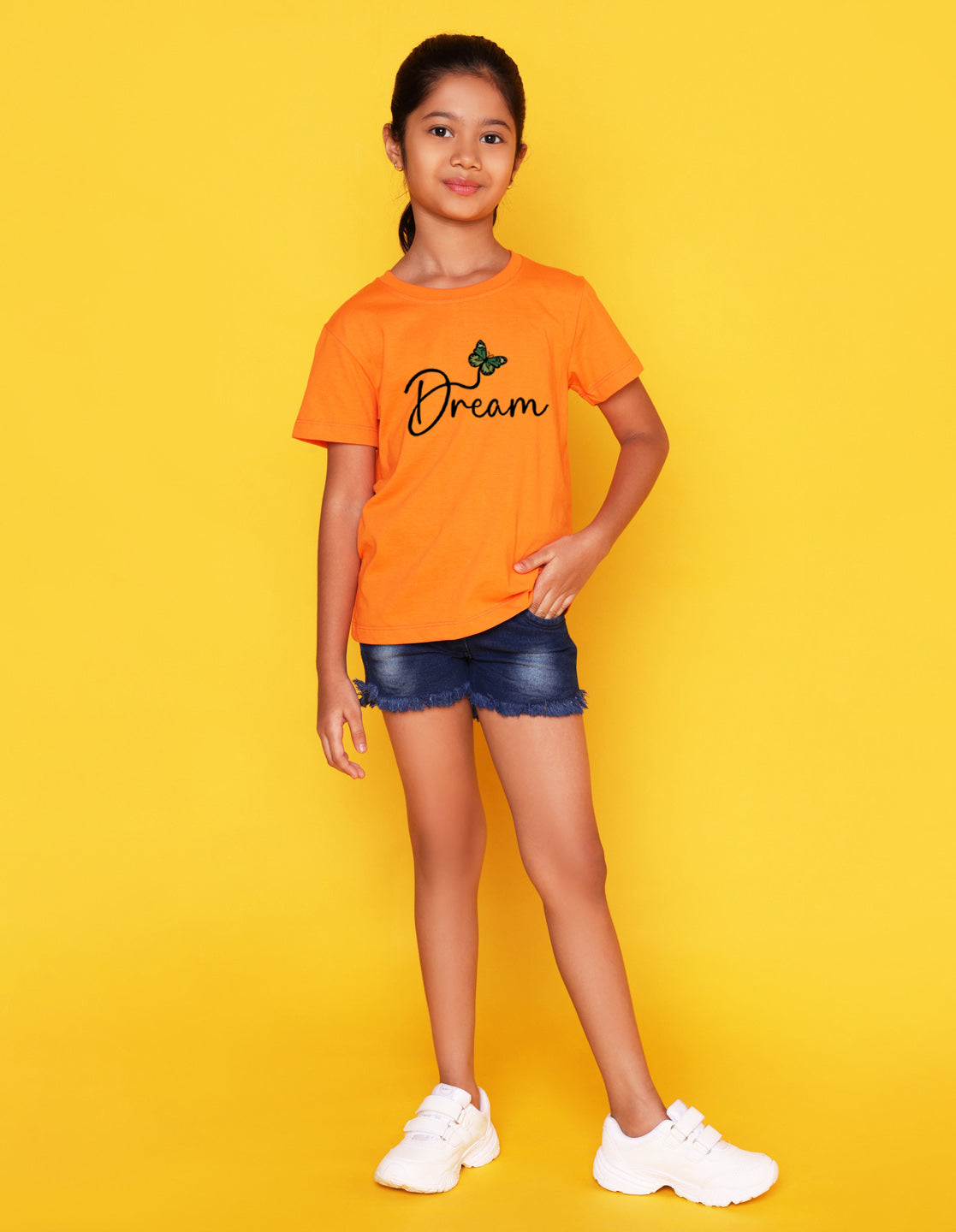 Nusyl Girl's Orange Butterfly & Dream Text Printed Regular Fit T-Shirt