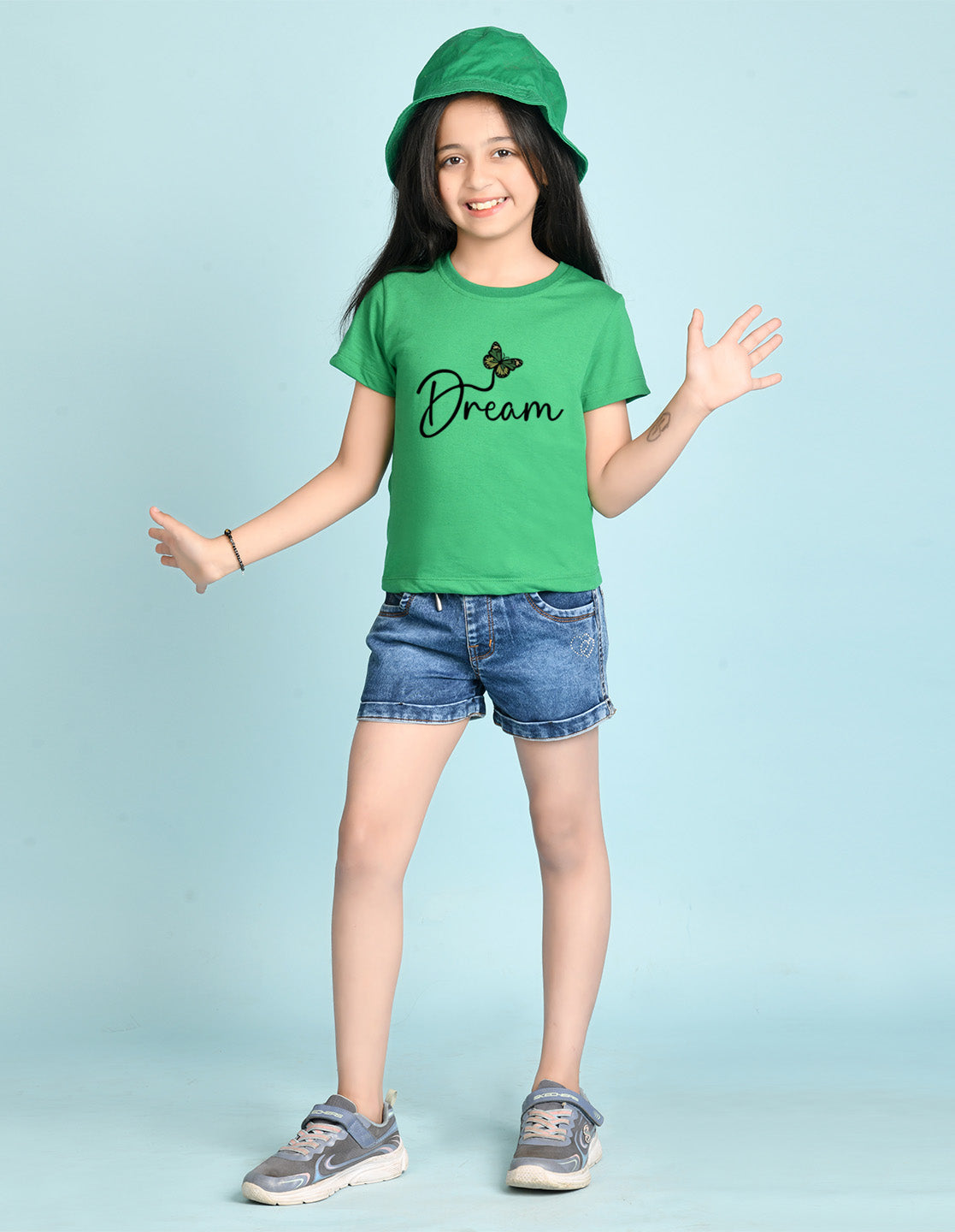 Nusyl Girl's Green Butterfly & Dream Text Printed Regular Fit T-Shirt