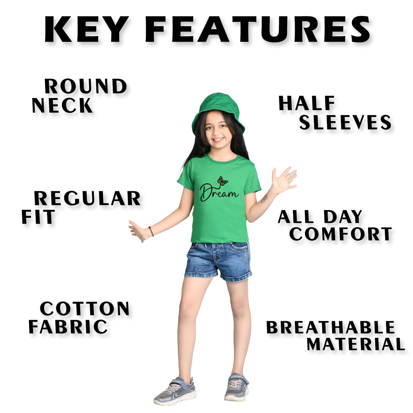 Nusyl Girl's Green Butterfly & Dream Text Printed Regular Fit T-Shirt