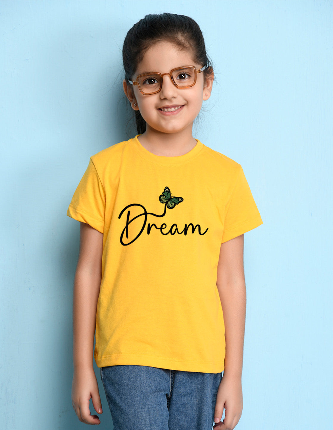 Nusyl Girl's Yellow Butterfly & Dream Text Printed Regular Fit T-Shirt