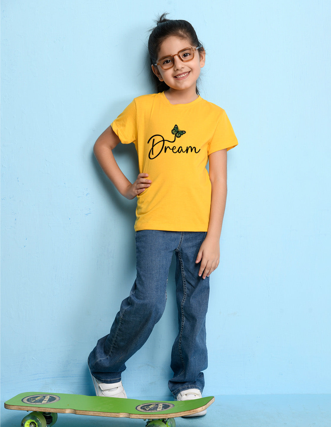 Nusyl Girl's Yellow Butterfly & Dream Text Printed Regular Fit T-Shirt