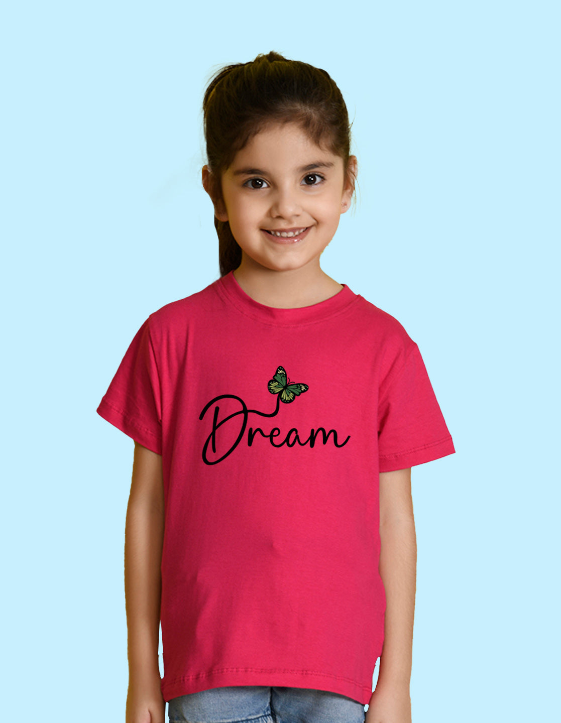 Nusyl Girl's Hot Pink Butterfly & Dream Text Printed Regular Fit T-Shirt