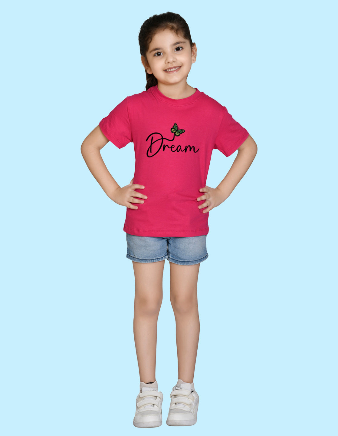 Nusyl Girl's Hot Pink Butterfly & Dream Text Printed Regular Fit T-Shirt