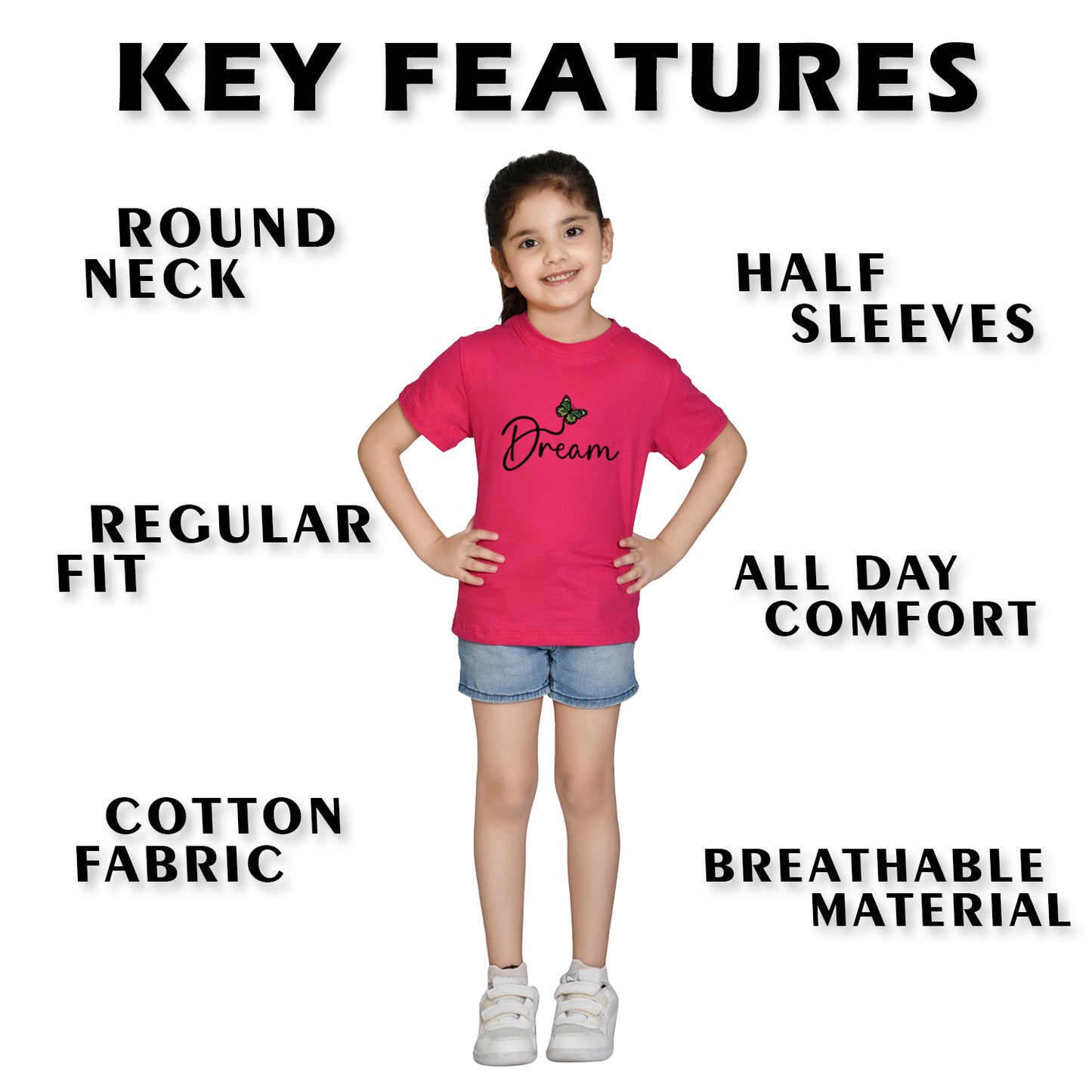 Nusyl Girl's Hot Pink Butterfly & Dream Text Printed Regular Fit T-Shirt