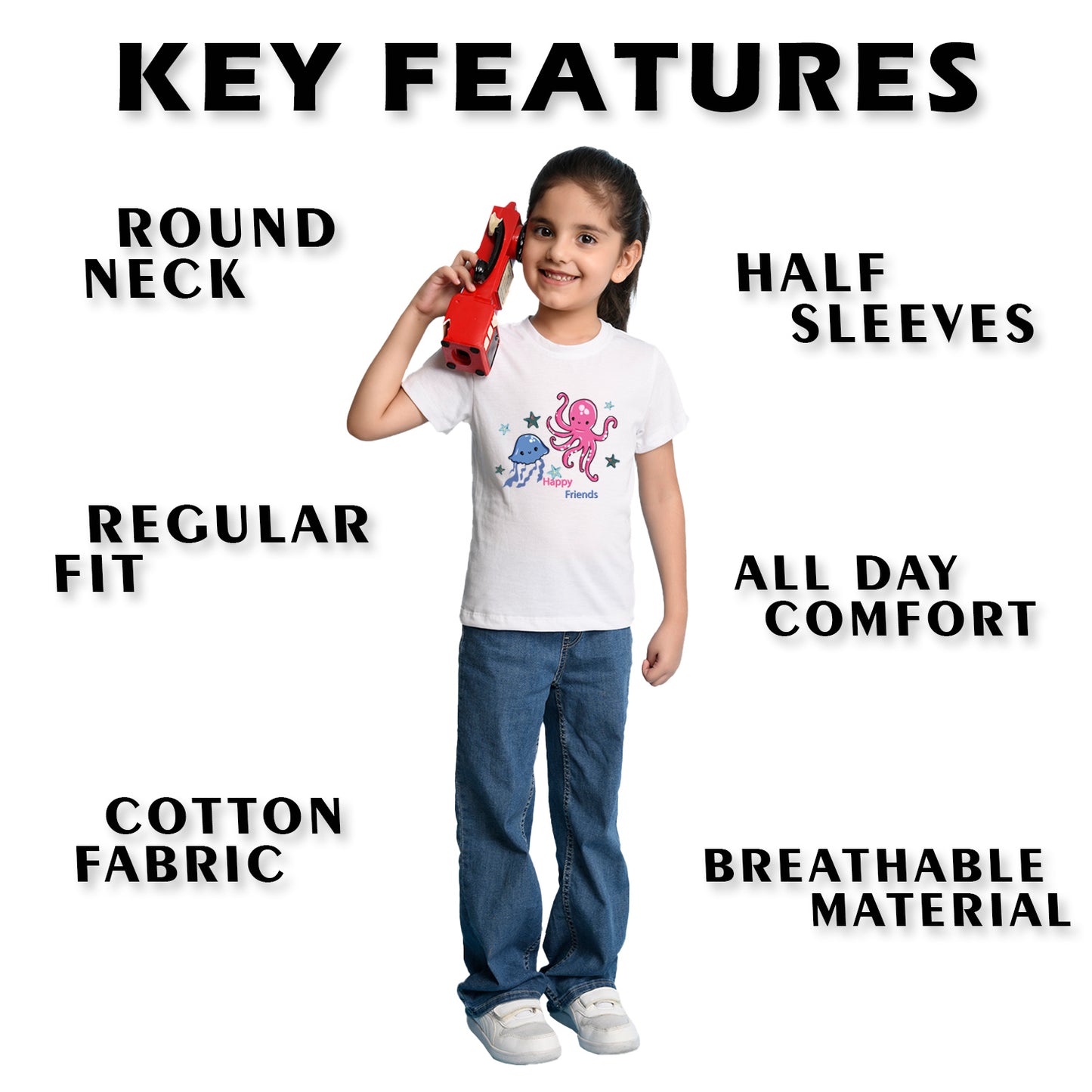 Nusyl Girl's White Cute Jellyfish & Text Printed Regular Fit T-Shirt