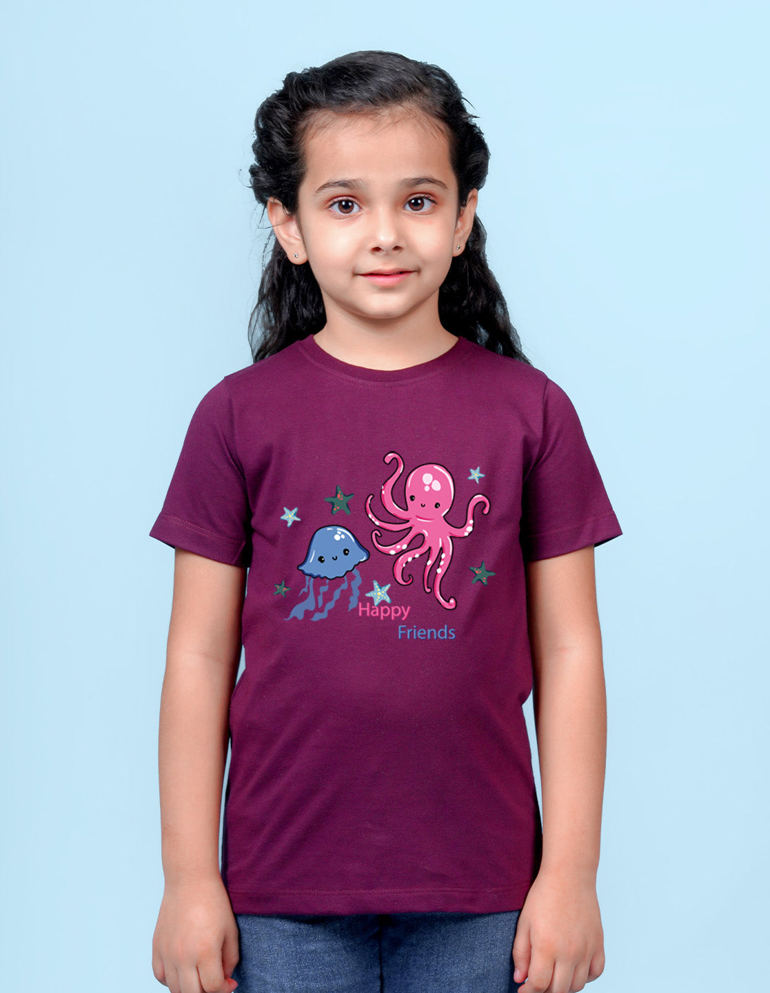 Nusyl Girl's Wine Cute Jellyfish & Text Printed Regular Fit T-Shirt
