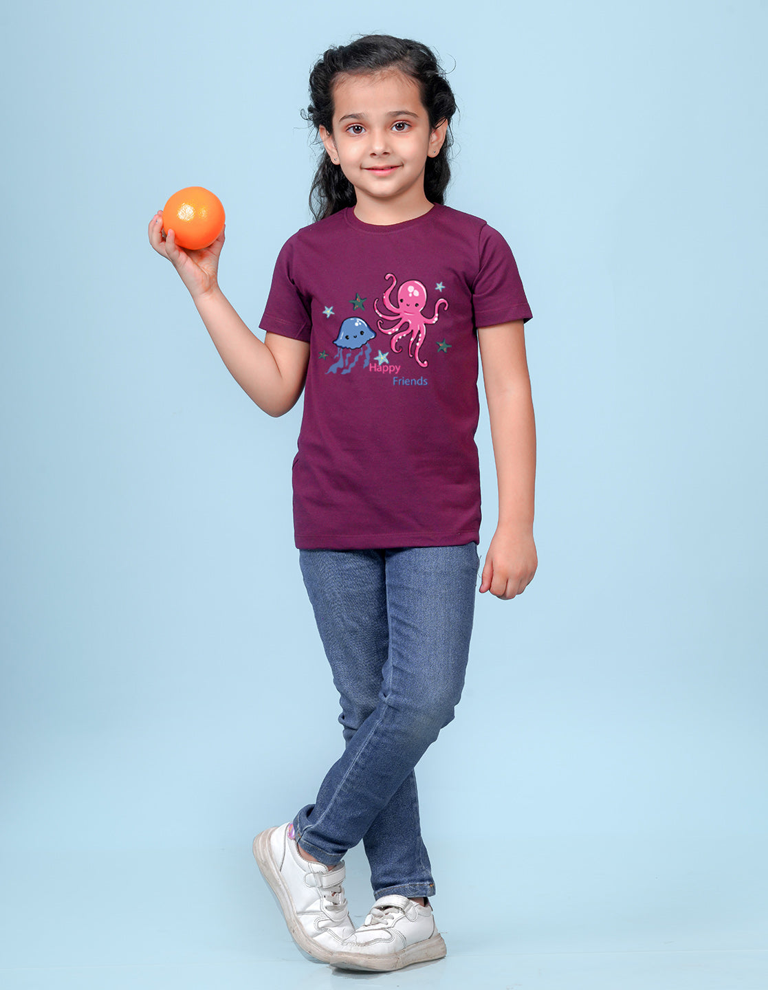 Nusyl Girl's Wine Cute Jellyfish & Text Printed Regular Fit T-Shirt