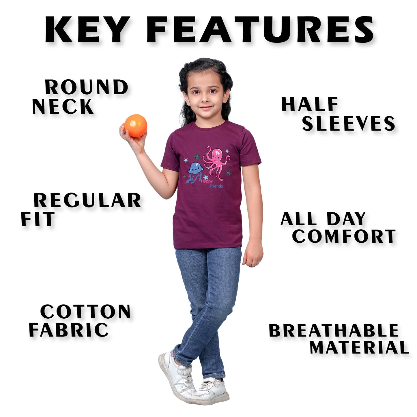 Nusyl Girl's Wine Cute Jellyfish & Text Printed Regular Fit T-Shirt