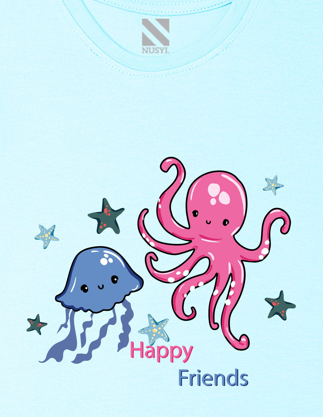 Nusyl Girl's Sky Blue Cute Jellyfish & Text Printed Regular Fit T-Shirt