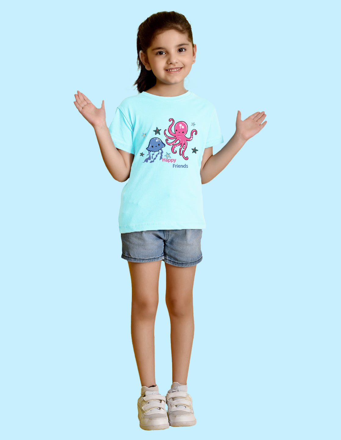Nusyl Girl's Sky Blue Cute Jellyfish & Text Printed Regular Fit T-Shirt