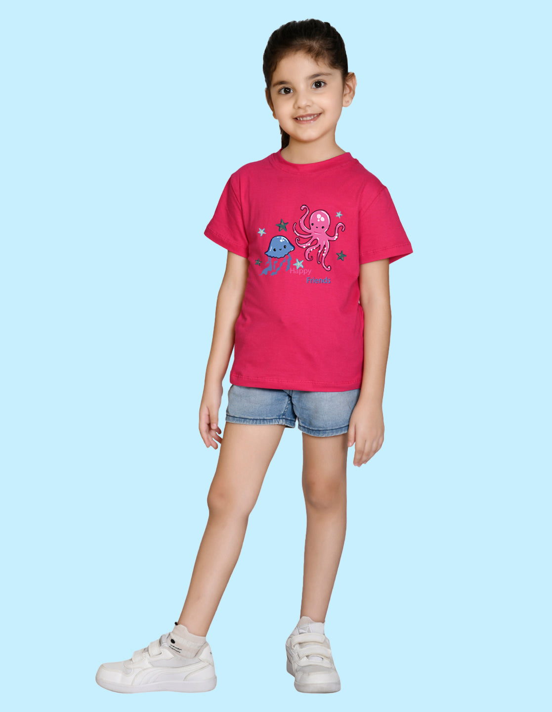 Nusyl Girl's Hot Pink Cute Jellyfish & Text Printed Regular Fit T-Shirt