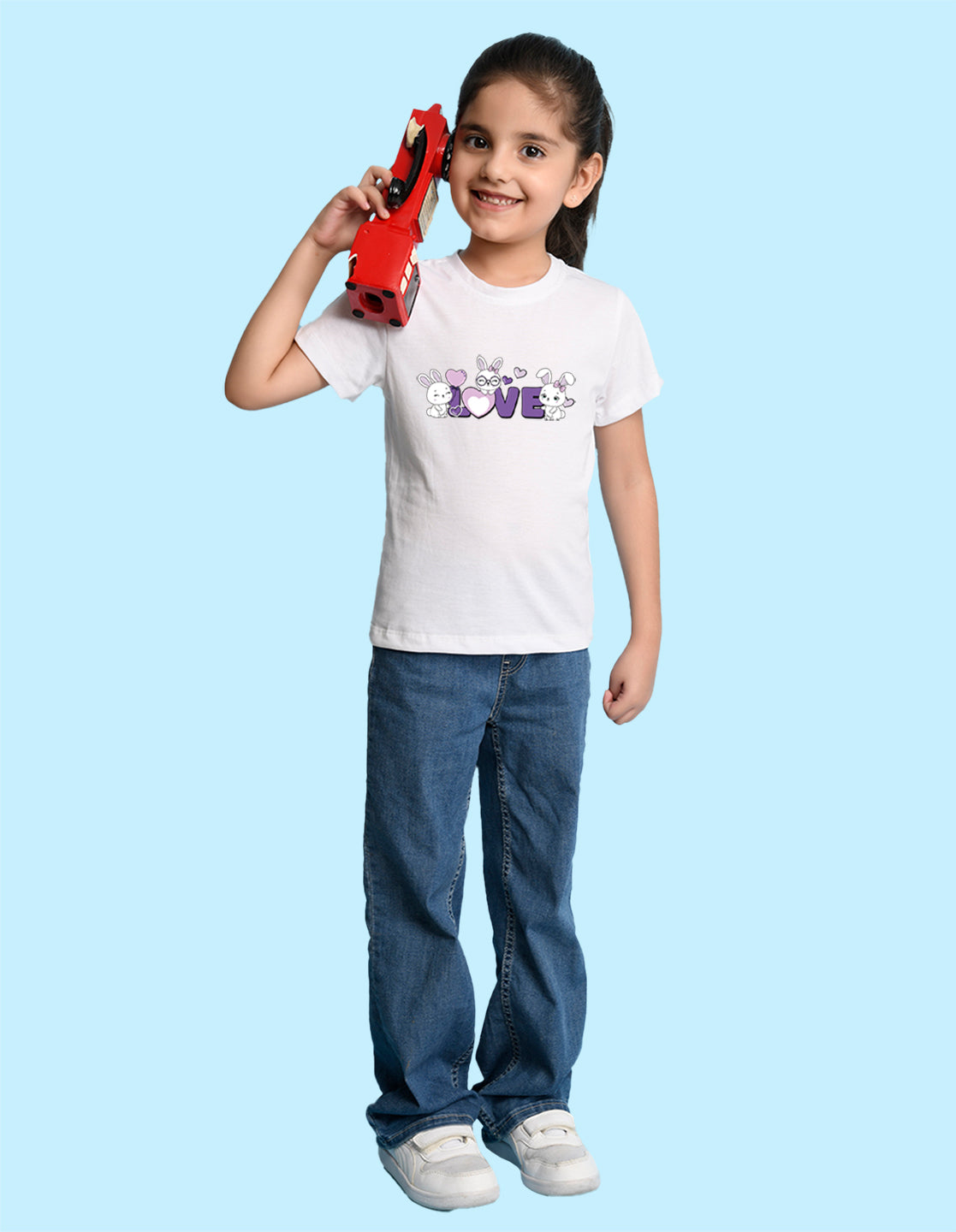 Nusyl Girl's White Love Text Printed Regular Fit T-Shirt