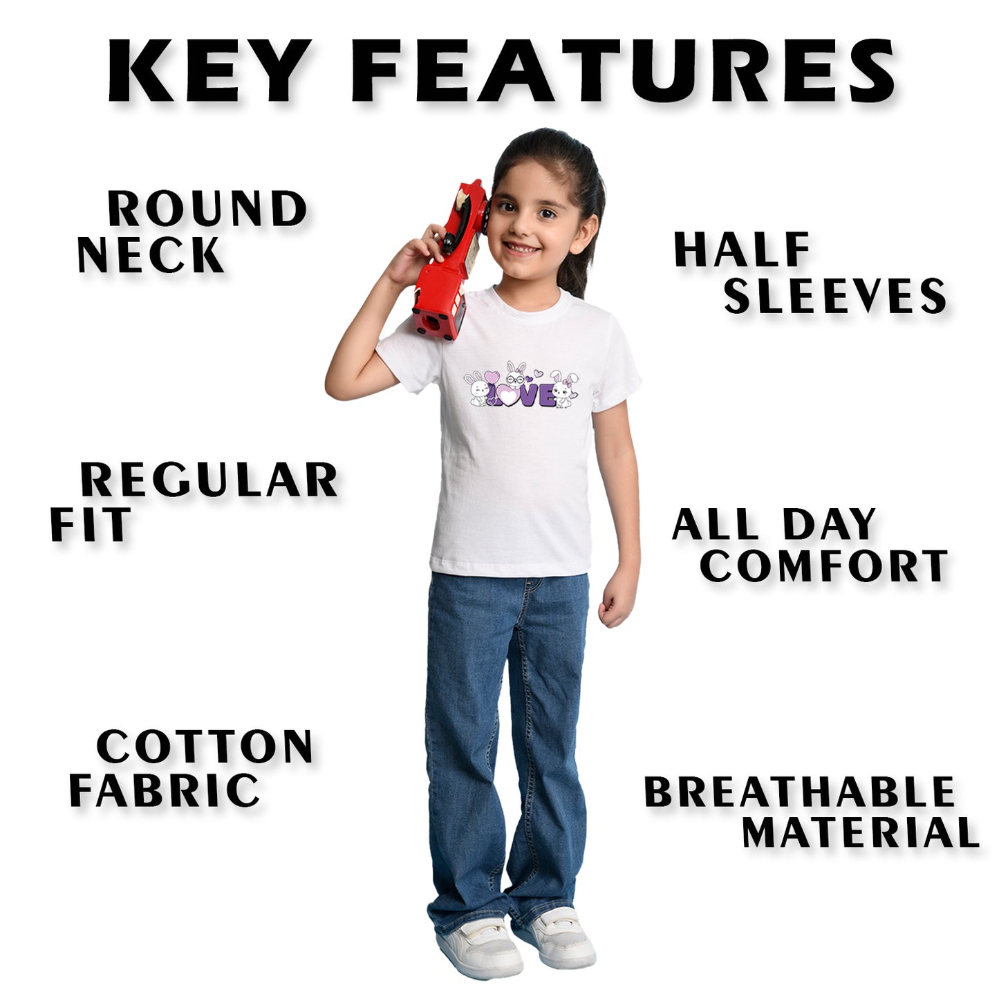 Nusyl Girl's White Love Text Printed Regular Fit T-Shirt