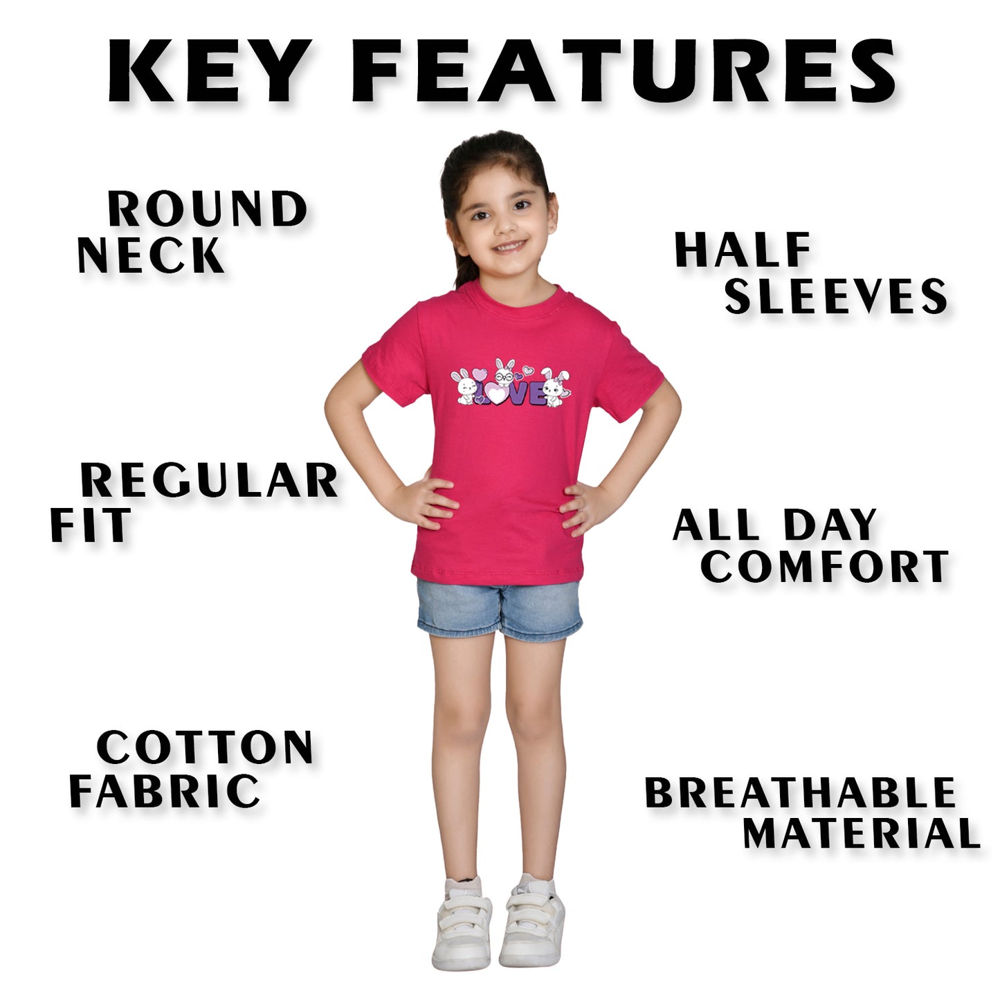 Nusyl Girl's Hot Pink Love Text Printed Regular Fit T-Shirt