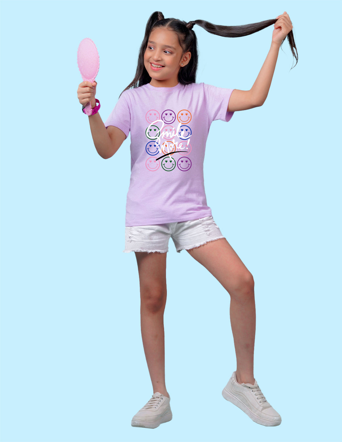 Nusyl Girl's Lilac Smile More Text Printed Regular Fit T-Shirt