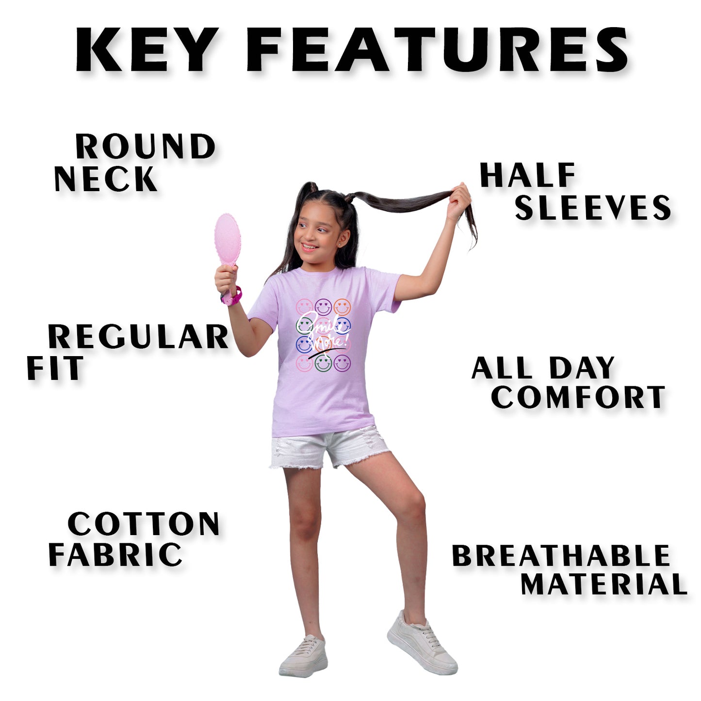 Nusyl Girl's Lilac Smile More Text Printed Regular Fit T-Shirt