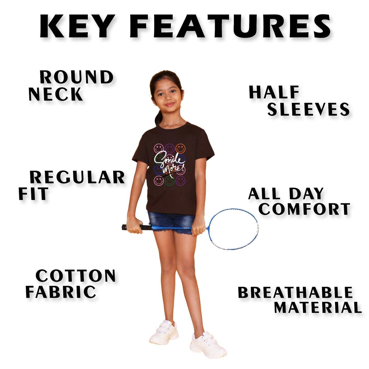 Nusyl Girl's Brown Smile More Text Printed Regular Fit T-Shirt