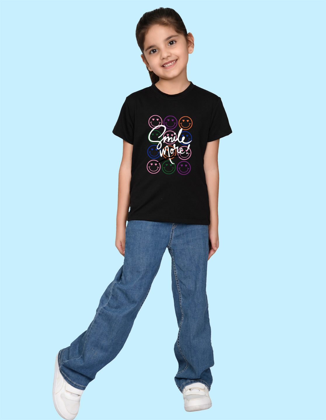 Nusyl Girl's Black Smile More Text Printed Regular Fit T-Shirt