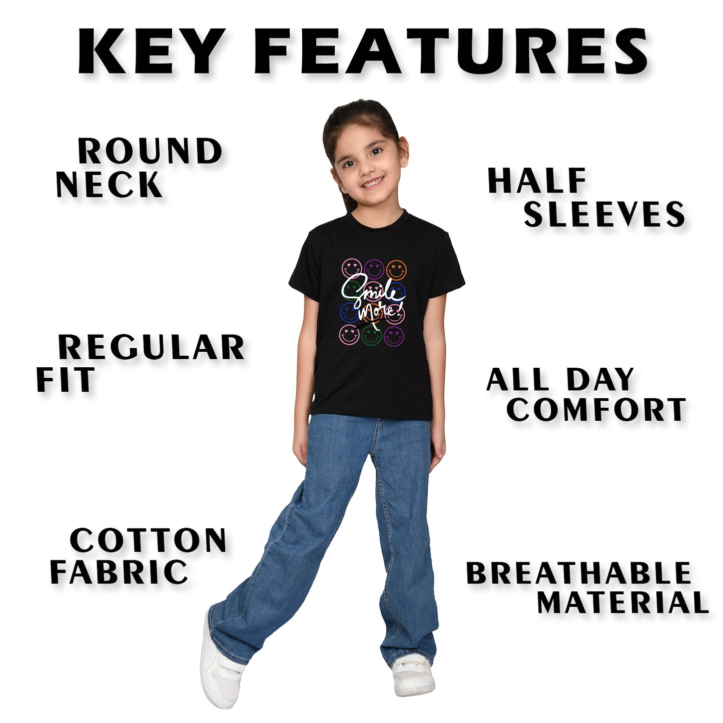 Nusyl Girl's Black Smile More Text Printed Regular Fit T-Shirt