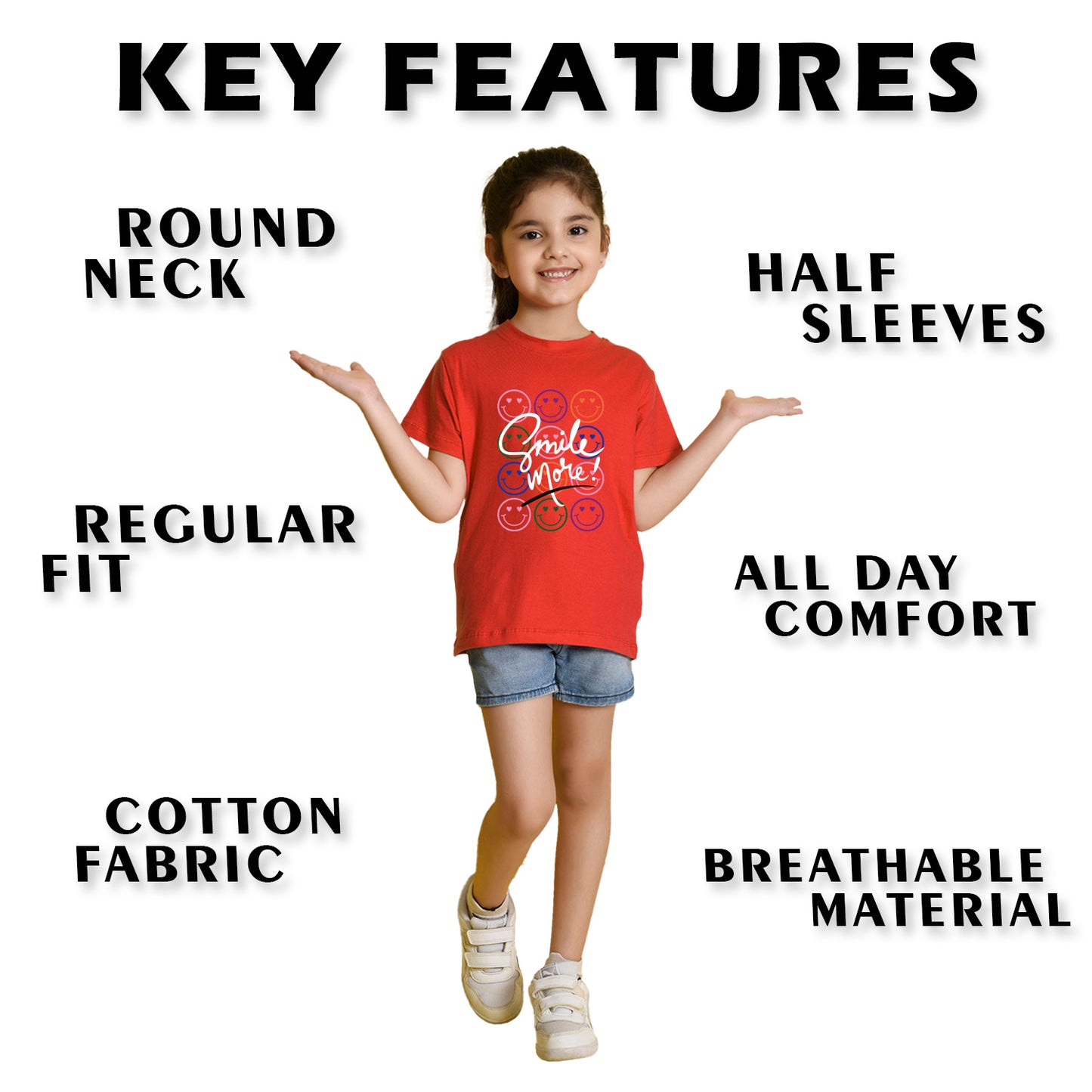 Nusyl Girl's Red Smile More Text Printed Regular Fit T-Shirt