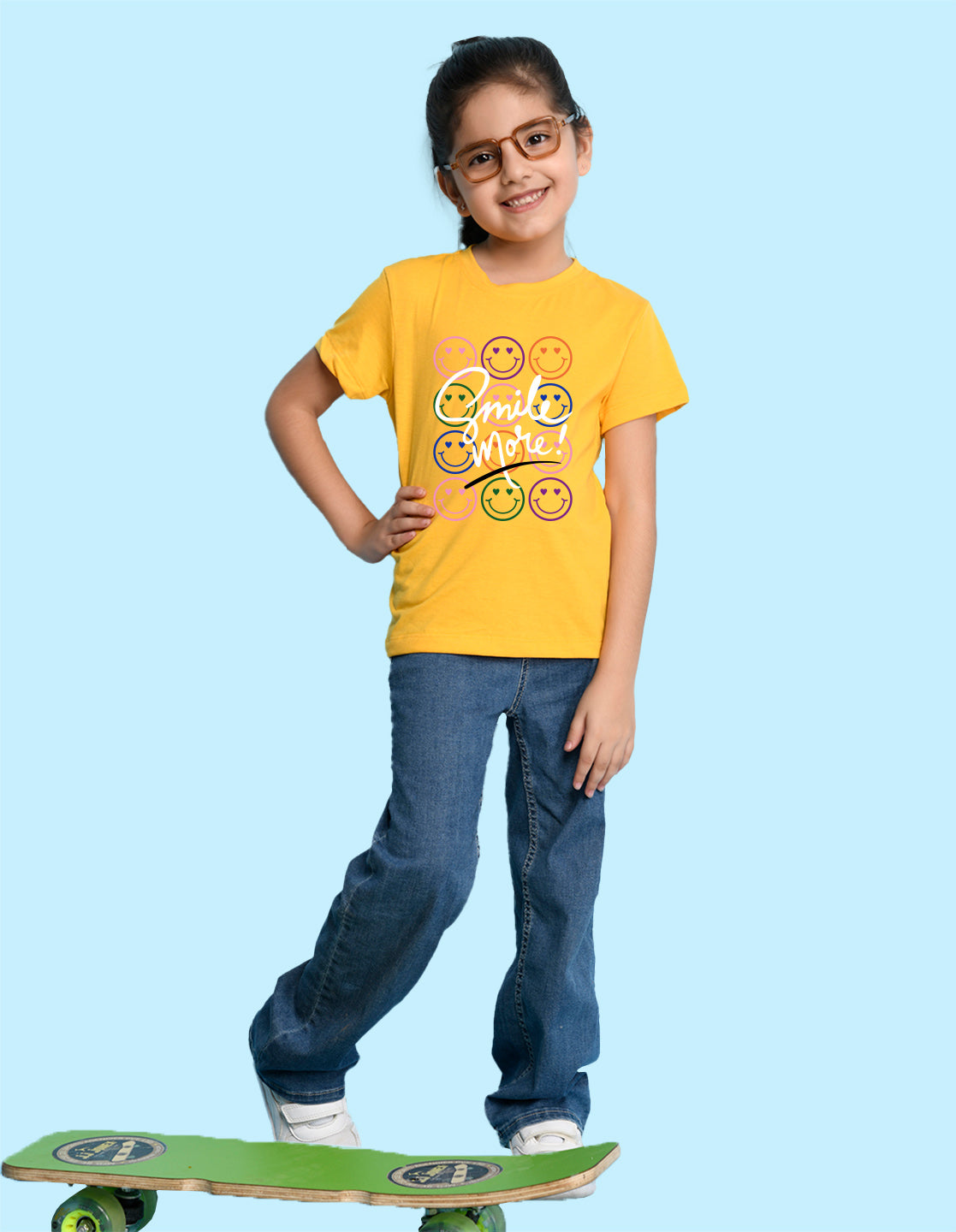 Nusyl Girl's Yellow Smile More Text Printed Regular Fit T-Shirt