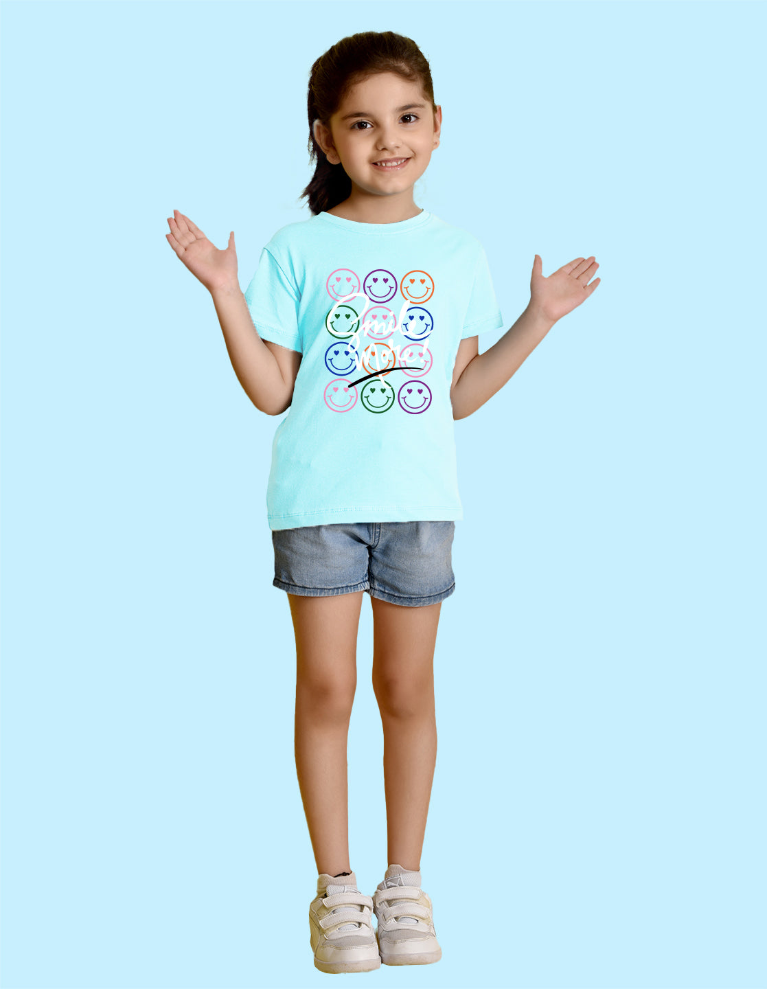 Nusyl Girl's Sky Blue Smile More Text Printed Regular Fit T-Shirt