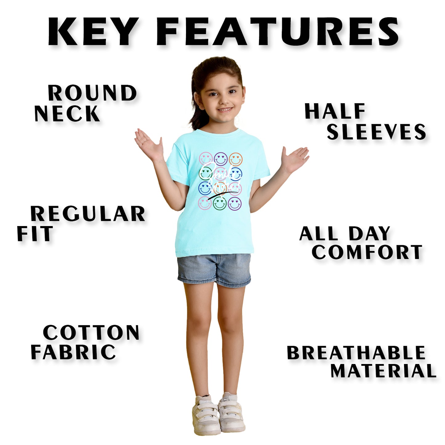Nusyl Girl's Sky Blue Smile More Text Printed Regular Fit T-Shirt