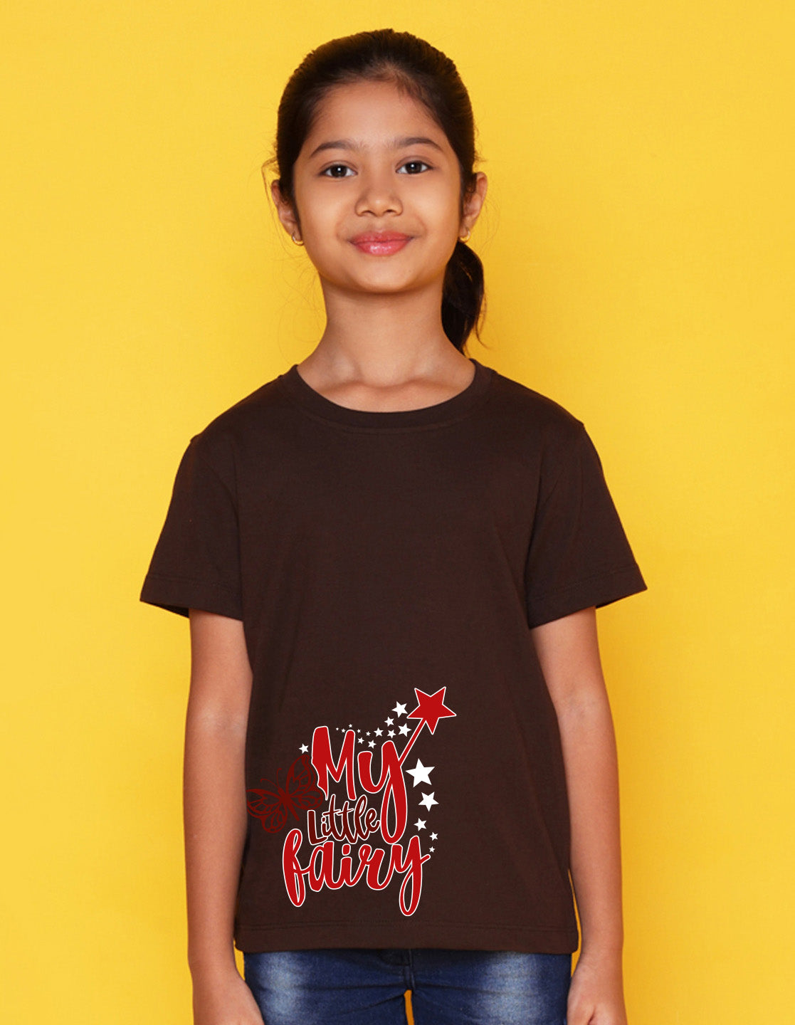 Nusyl Girl's Brown My Little Fairy Printed Regular Fit T-Shirt
