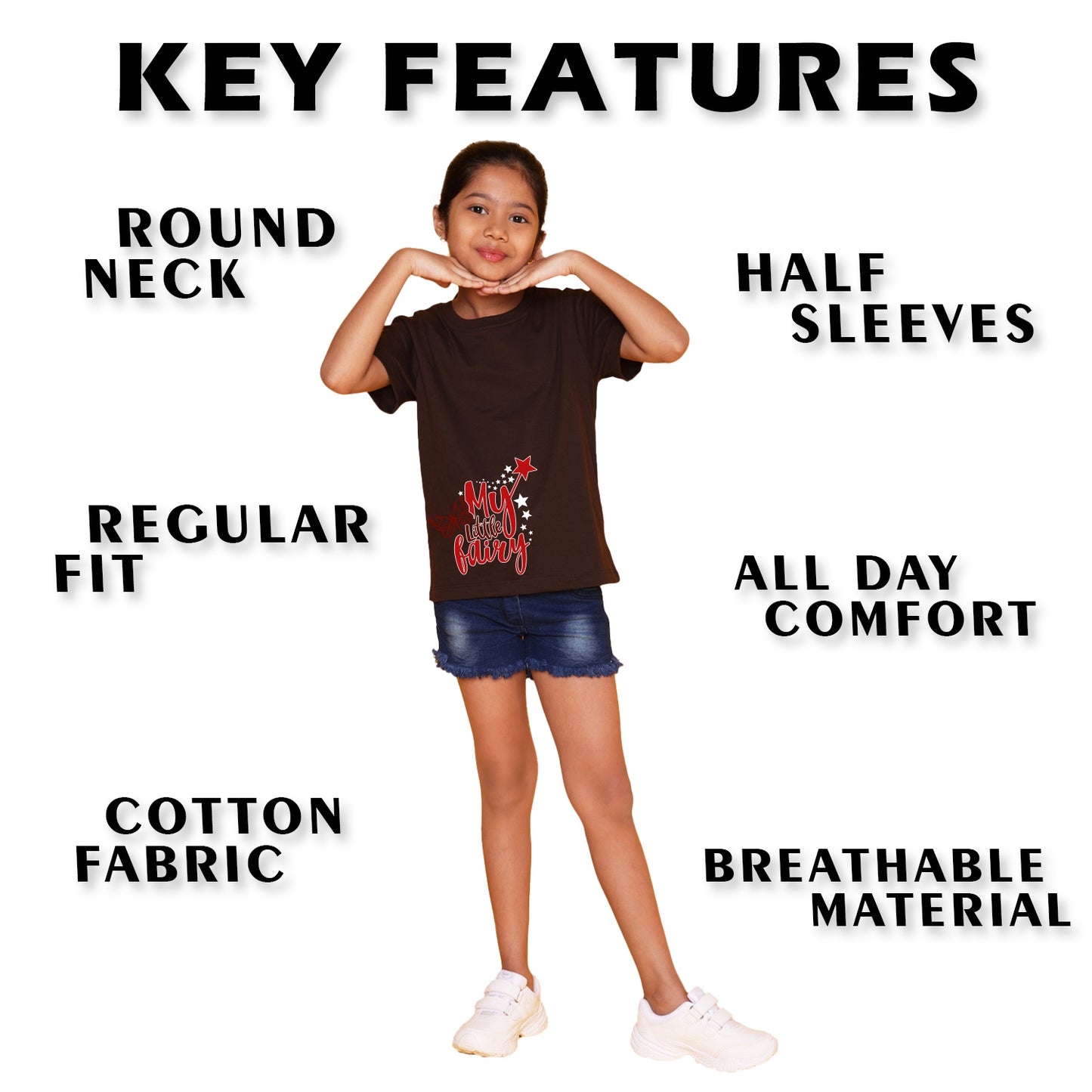 Nusyl Girl's Brown My Little Fairy Printed Regular Fit T-Shirt