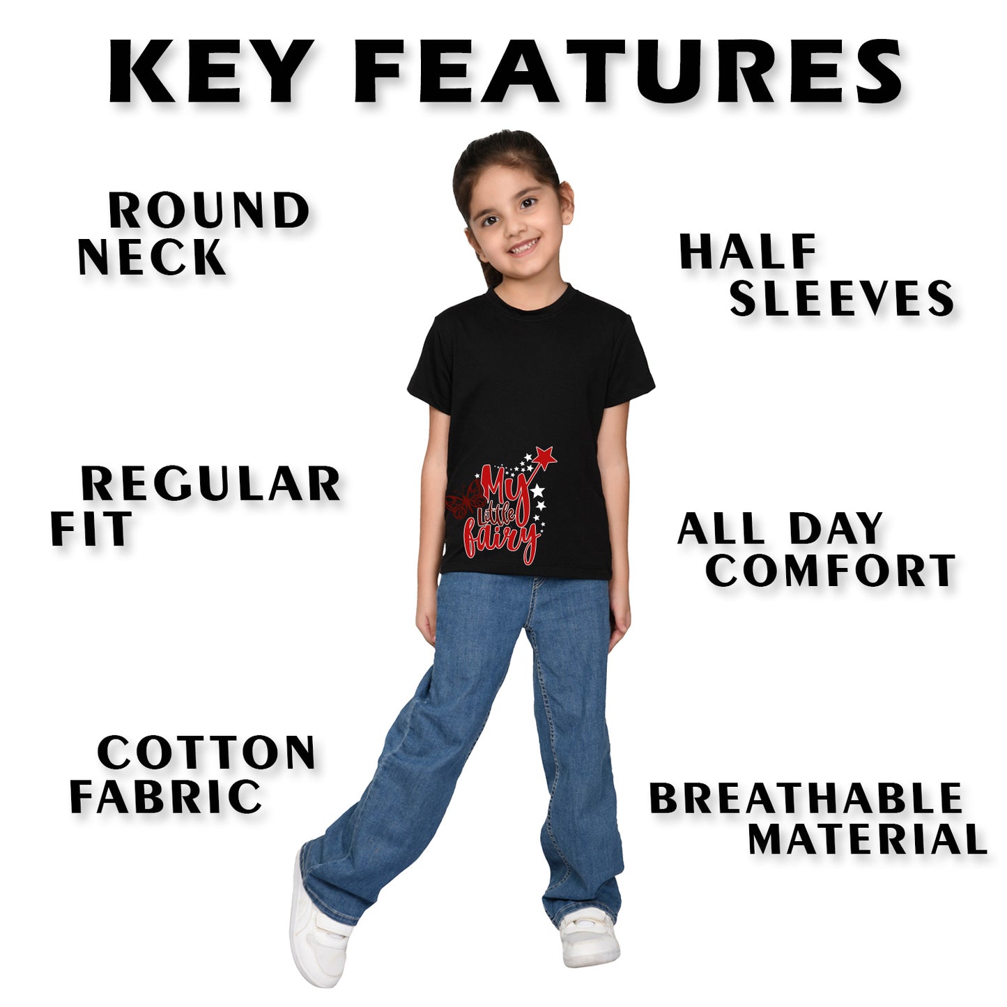 Nusyl Girl's Black My Little Fairy Printed Regular Fit T-Shirt