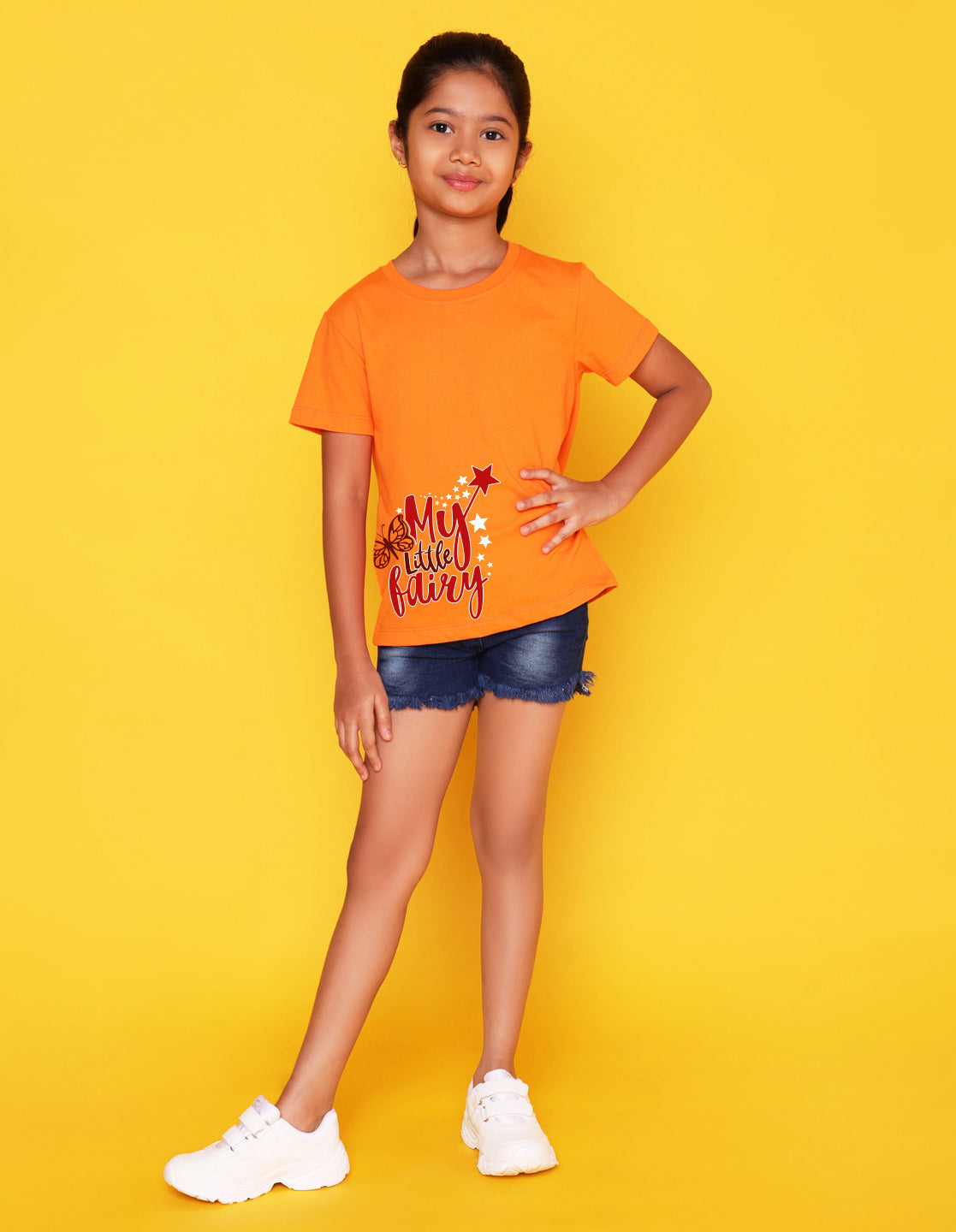 Nusyl Girl's Orange My Little Fairy Printed Regular Fit T-Shirt