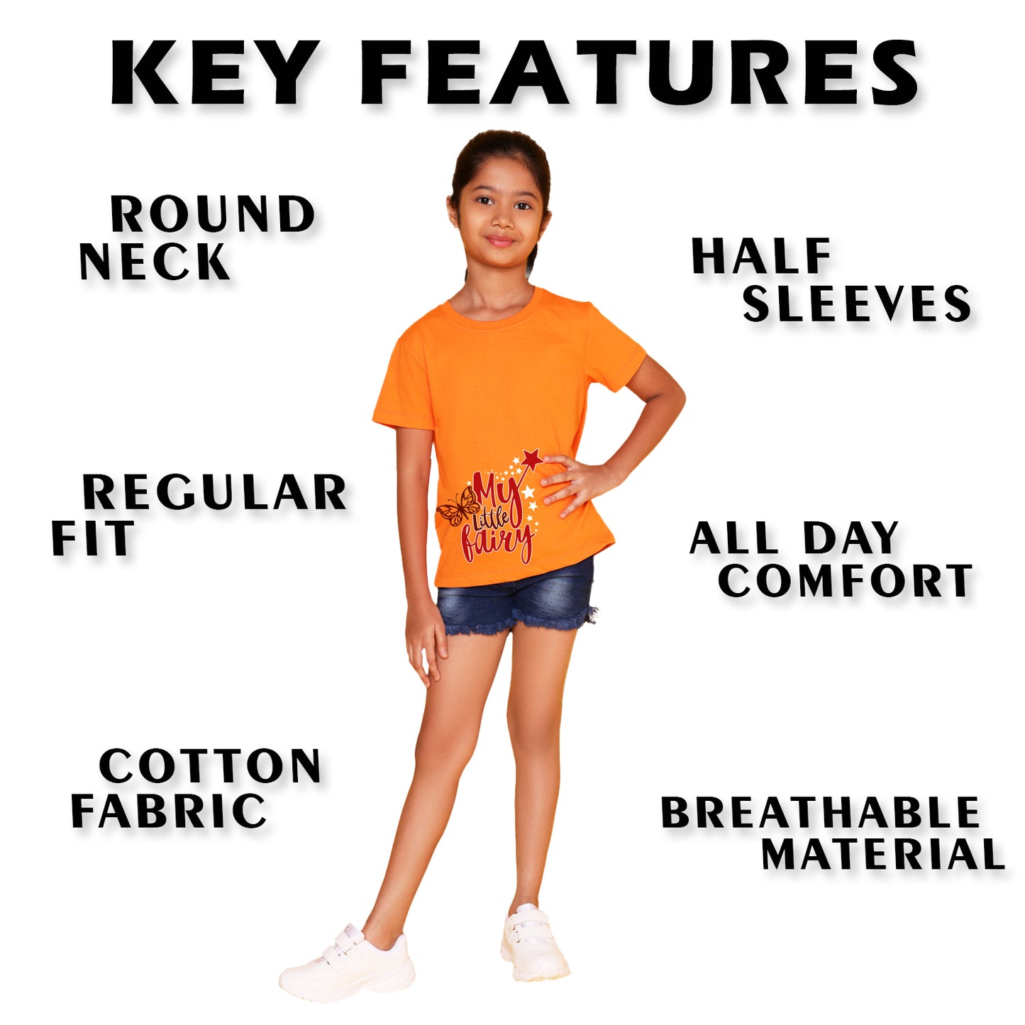 Nusyl Girl's Orange My Little Fairy Printed Regular Fit T-Shirt