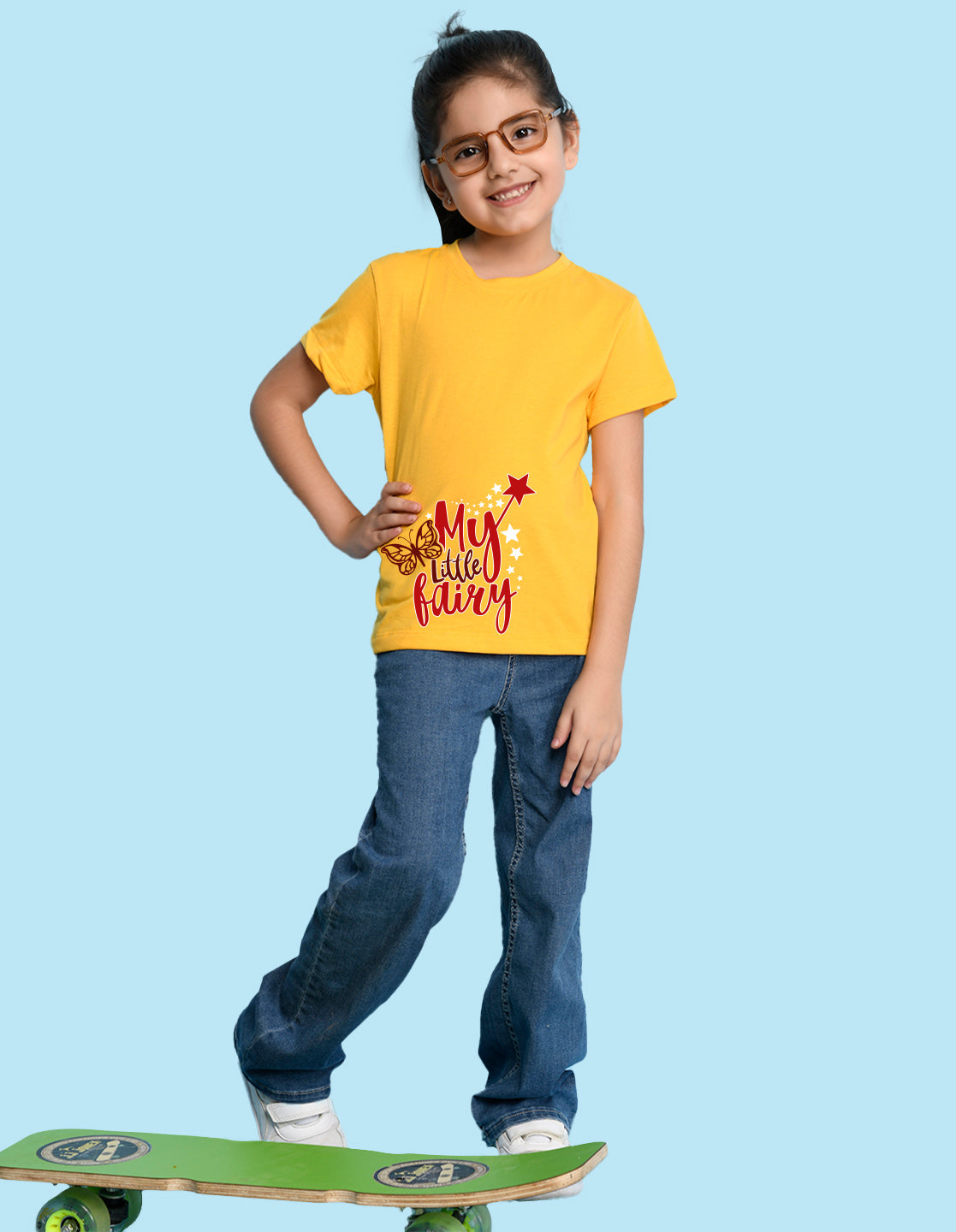 Nusyl Girl's Yellow My Little Fairy Printed Regular Fit T-Shirt