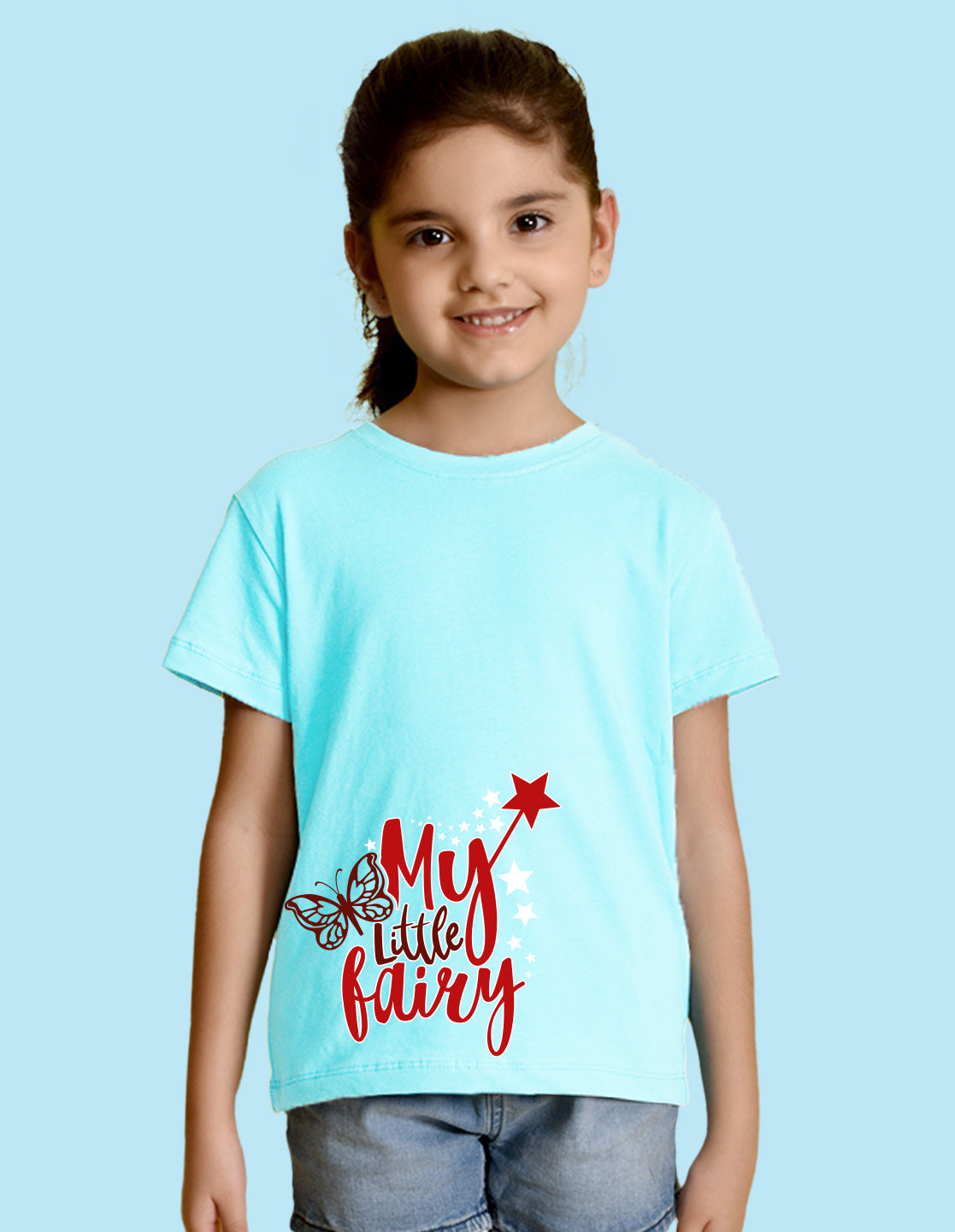 Nusyl Girl's Sky Blue My Little Fairy Printed Regular Fit T-Shirt
