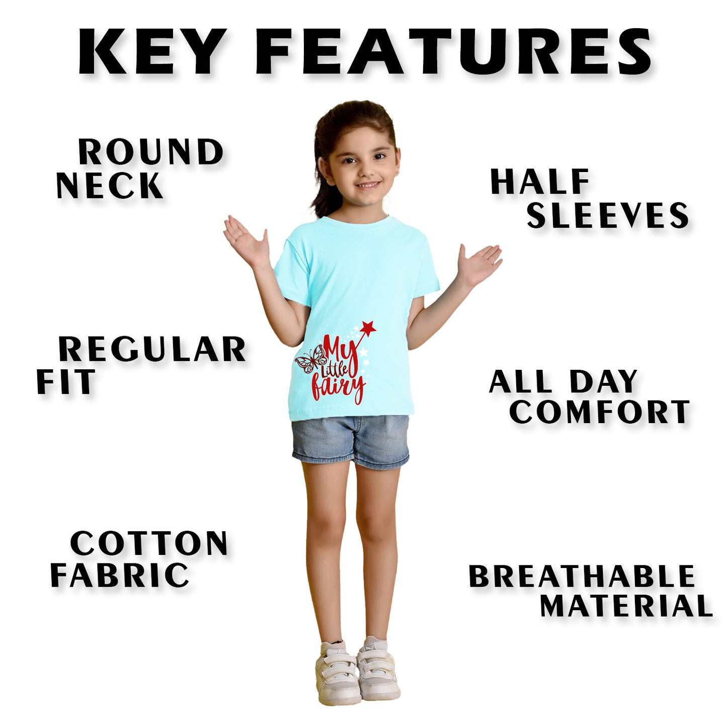 Nusyl Girl's Sky Blue My Little Fairy Printed Regular Fit T-Shirt