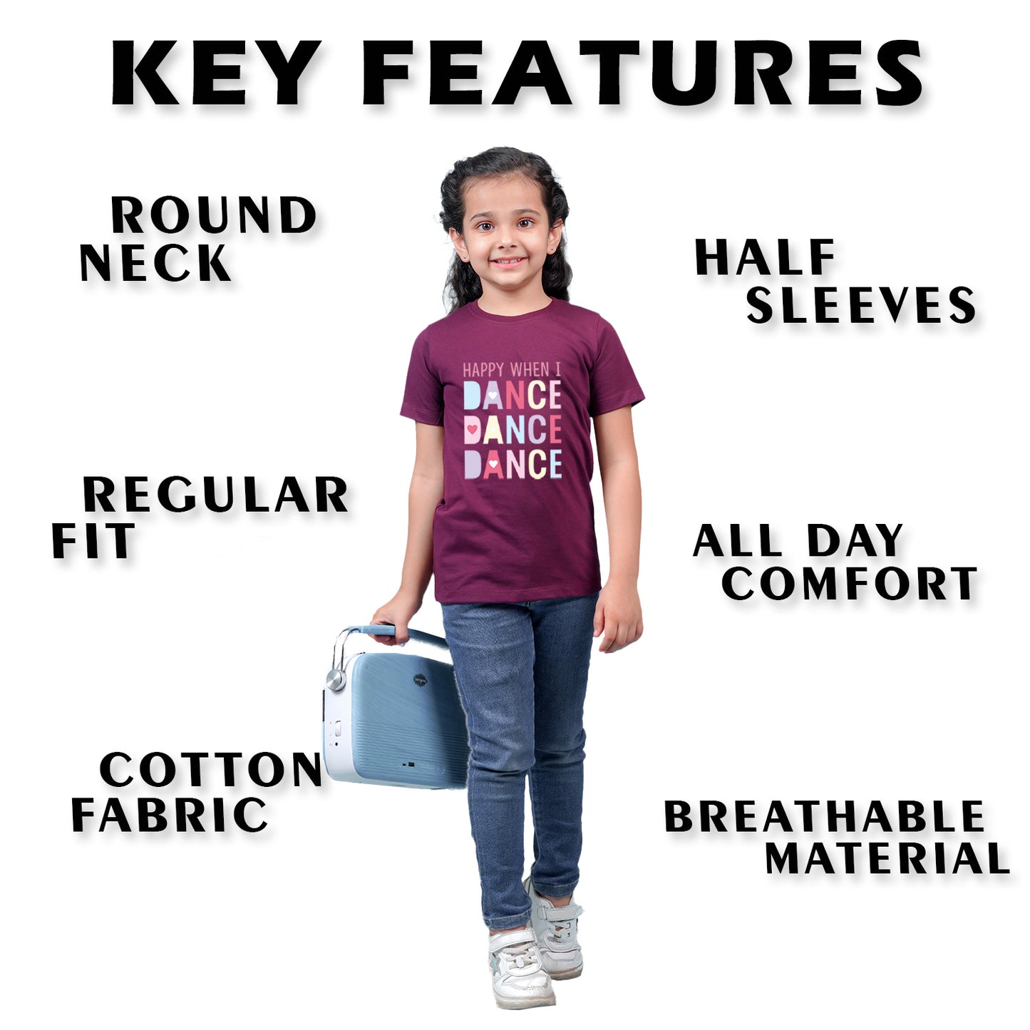 Nusyl Girl's Wine Happy When i Dance Text Printed Regular Fit T-Shirt
