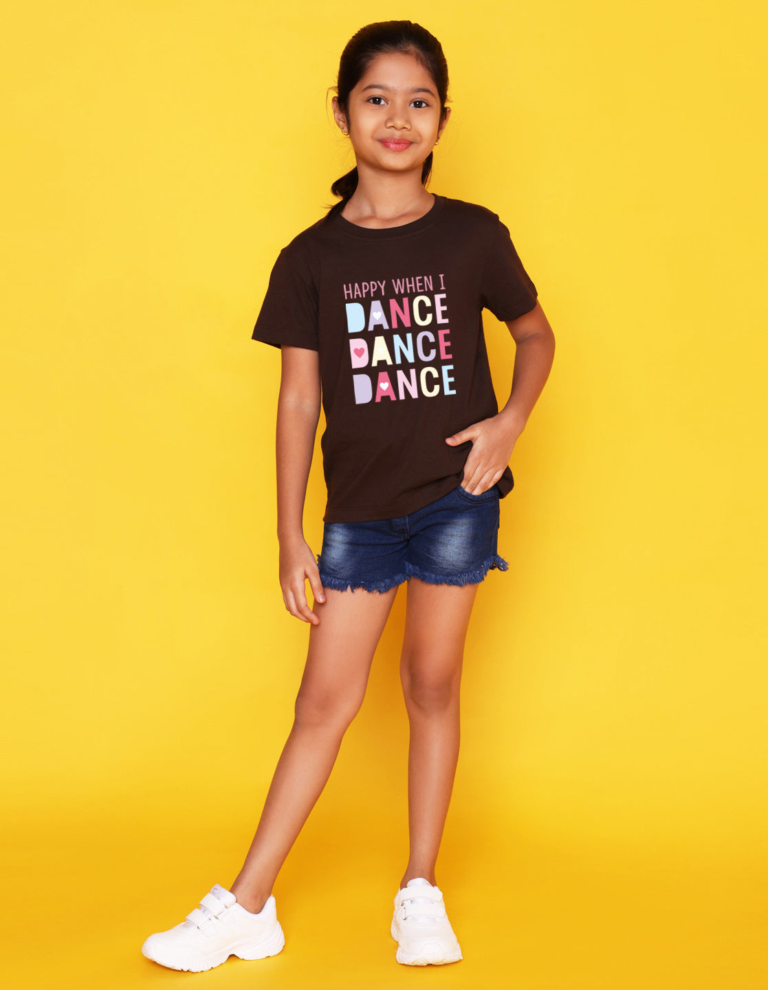 Nusyl Girl's Brown Happy When i Dance Text Printed Regular Fit T-Shirt
