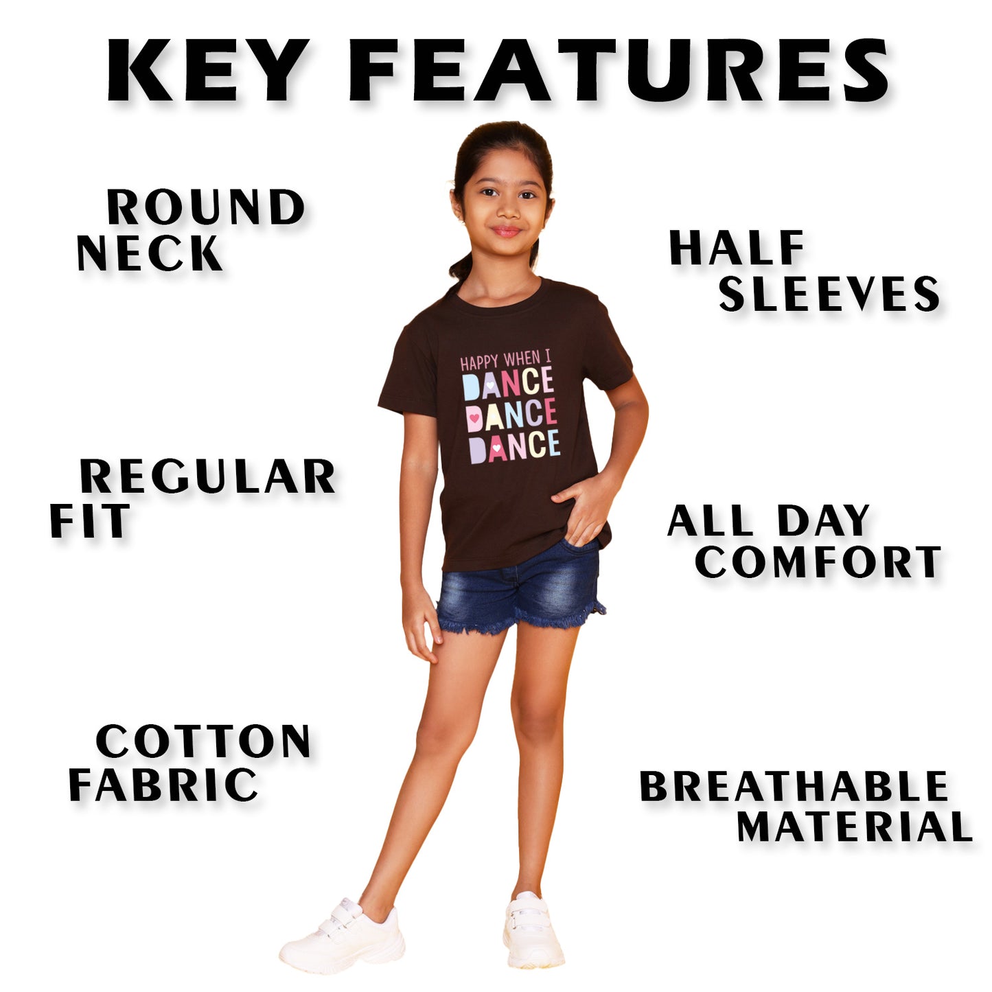 Nusyl Girl's Brown Happy When i Dance Text Printed Regular Fit T-Shirt