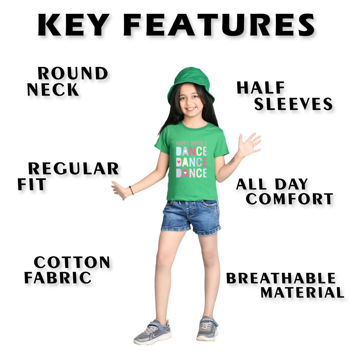 Nusyl Girl's Green Happy When i Dance Text Printed Regular Fit T-Shirt