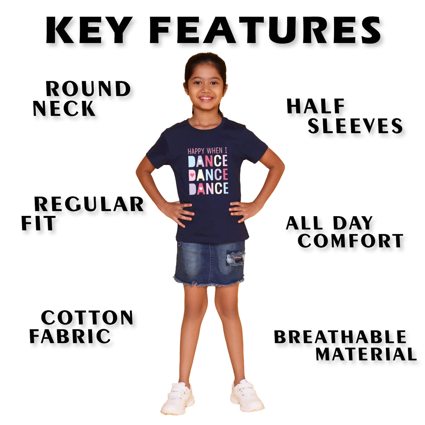 Nusyl Girl's Navy Blue Happy When i Dance Text Printed Regular Fit T-Shirt