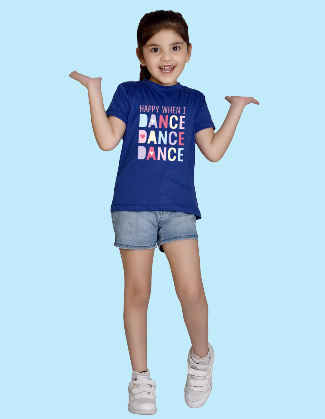 Nusyl Girl's Royal Blue Happy When i Dance Text Printed Regular Fit T-Shirt