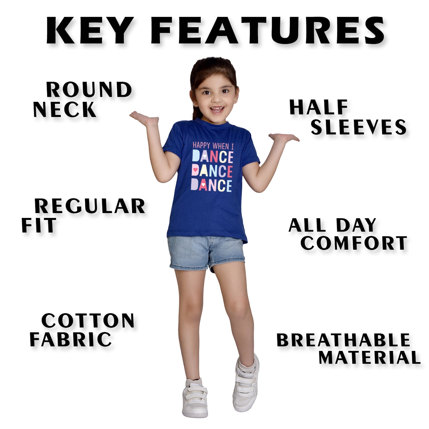 Nusyl Girl's Royal Blue Happy When i Dance Text Printed Regular Fit T-Shirt