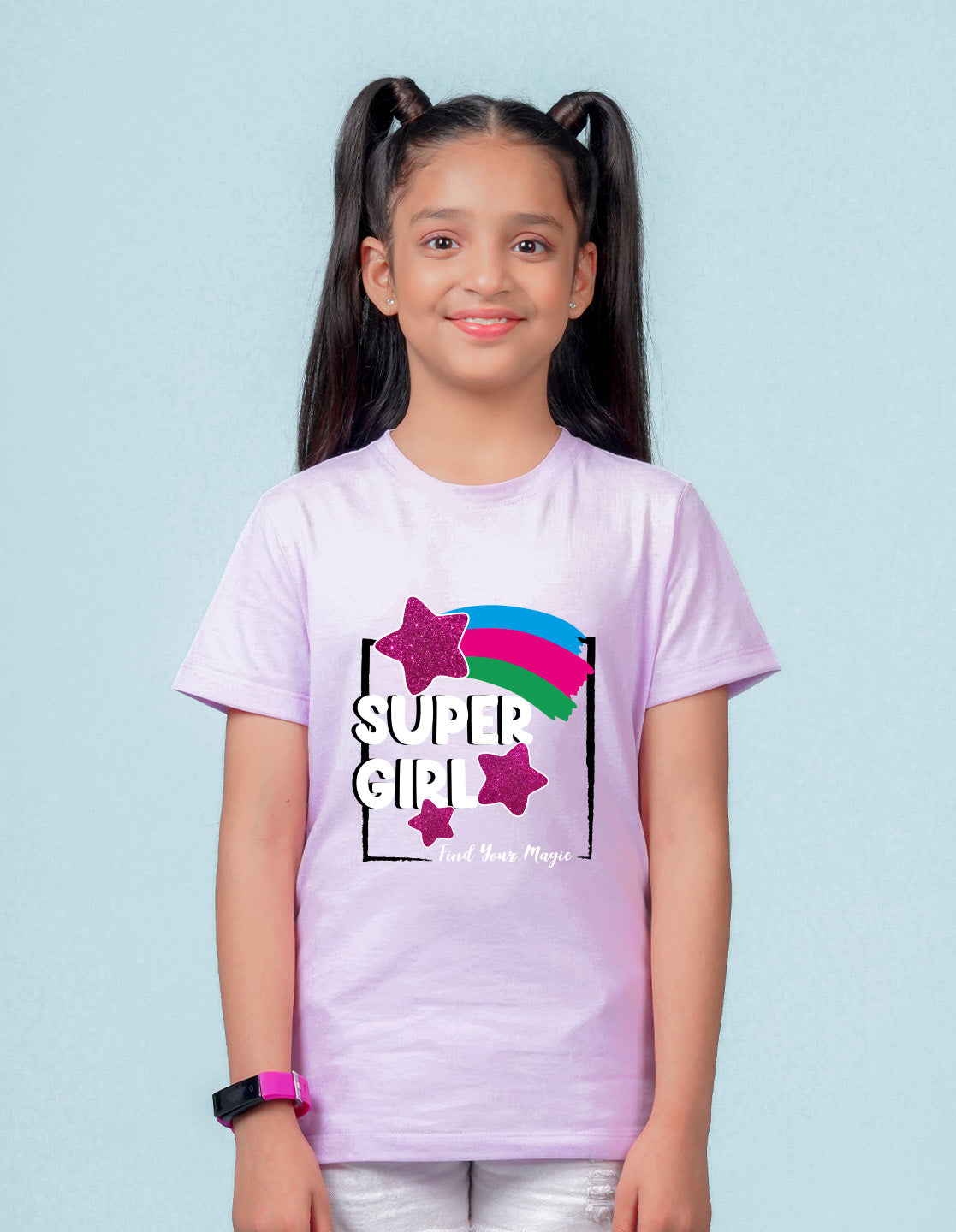 Nusyl Girl's Lilac Super Girl & Star Printed Regular Fit T-Shirt