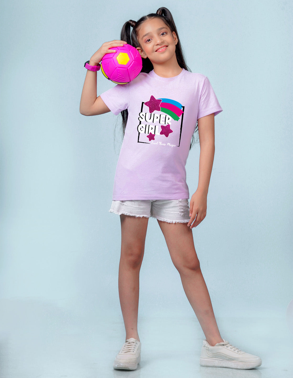 Nusyl Girl's Lilac Super Girl & Star Printed Regular Fit T-Shirt